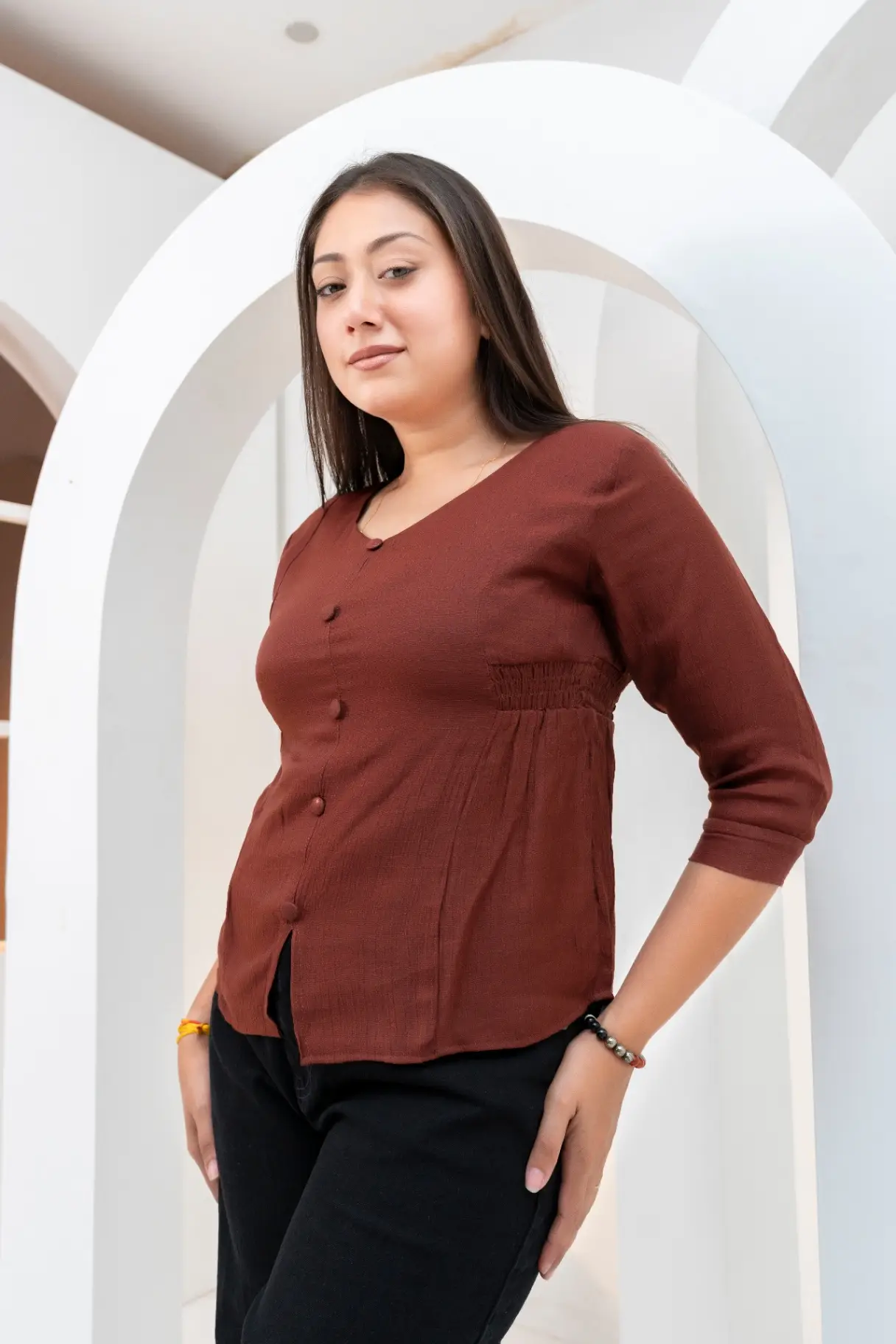 Terracotta Cacao V-Neck Top with Subtle Waist Gathering view 2