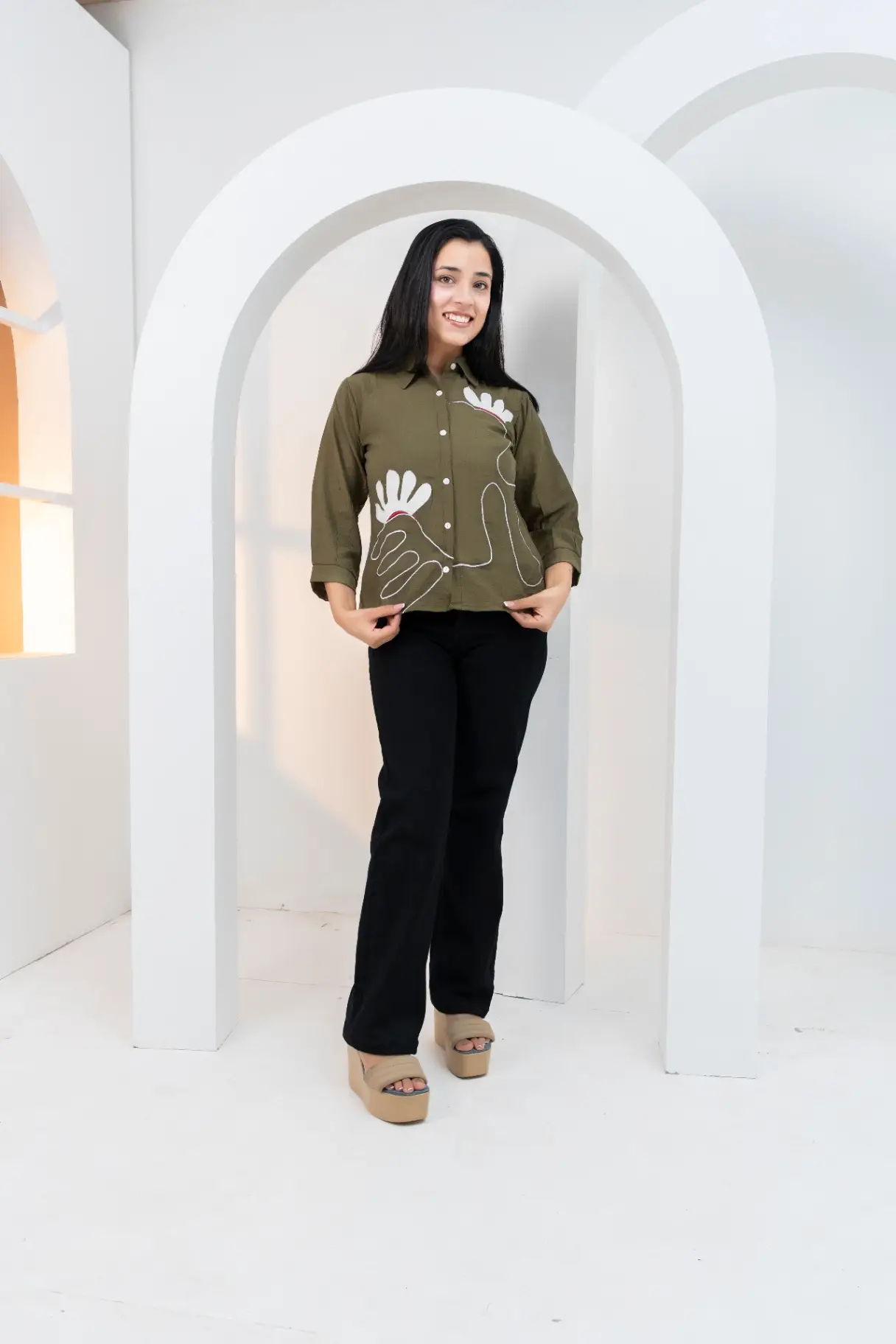 Olive Moss Shirt Top with Abstract Line-Art Floral Embroidery
