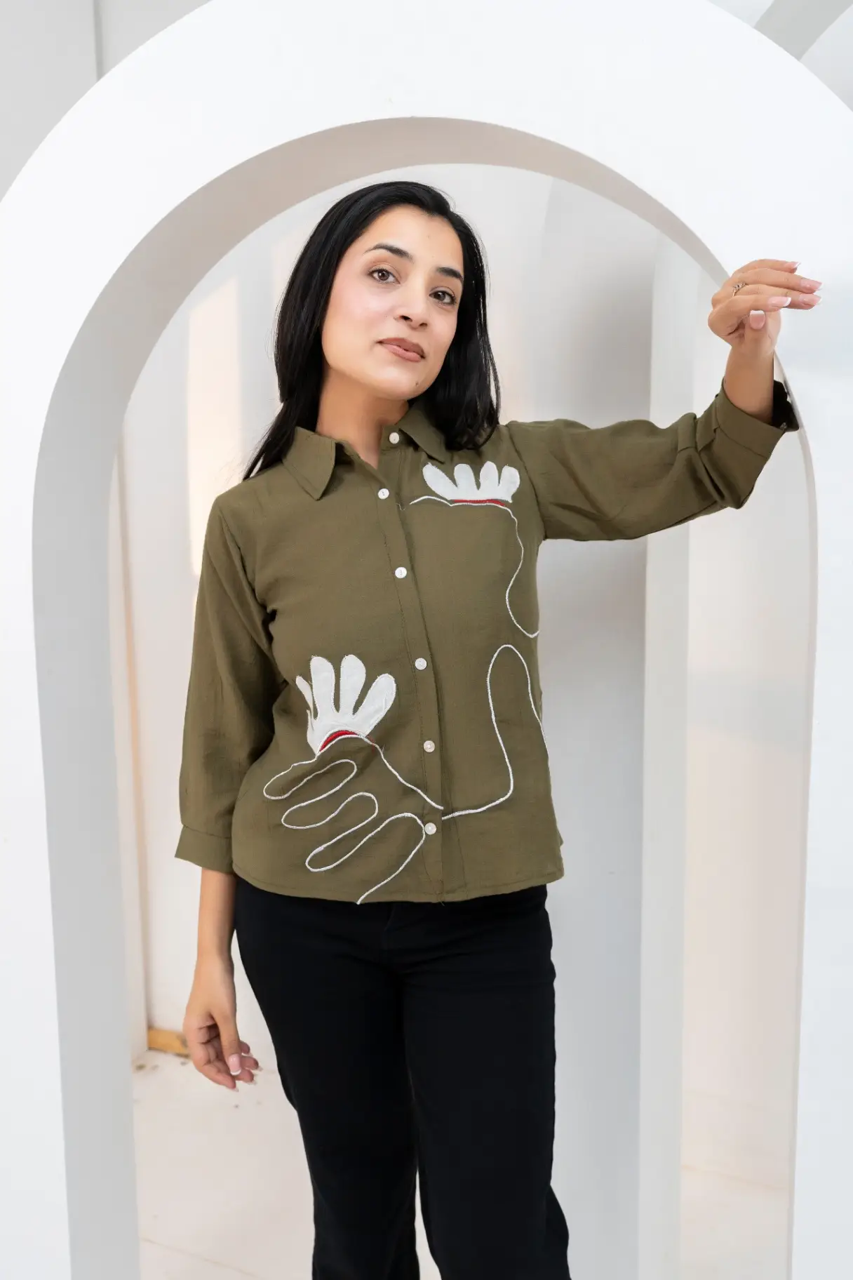 Olive Moss Shirt Top with Abstract Line-Art Floral Embroidery view 2
