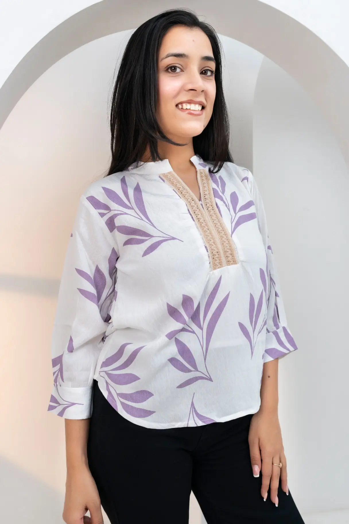 Lavender Flora Slub Top with Embroidered Lace V-Neck view 2