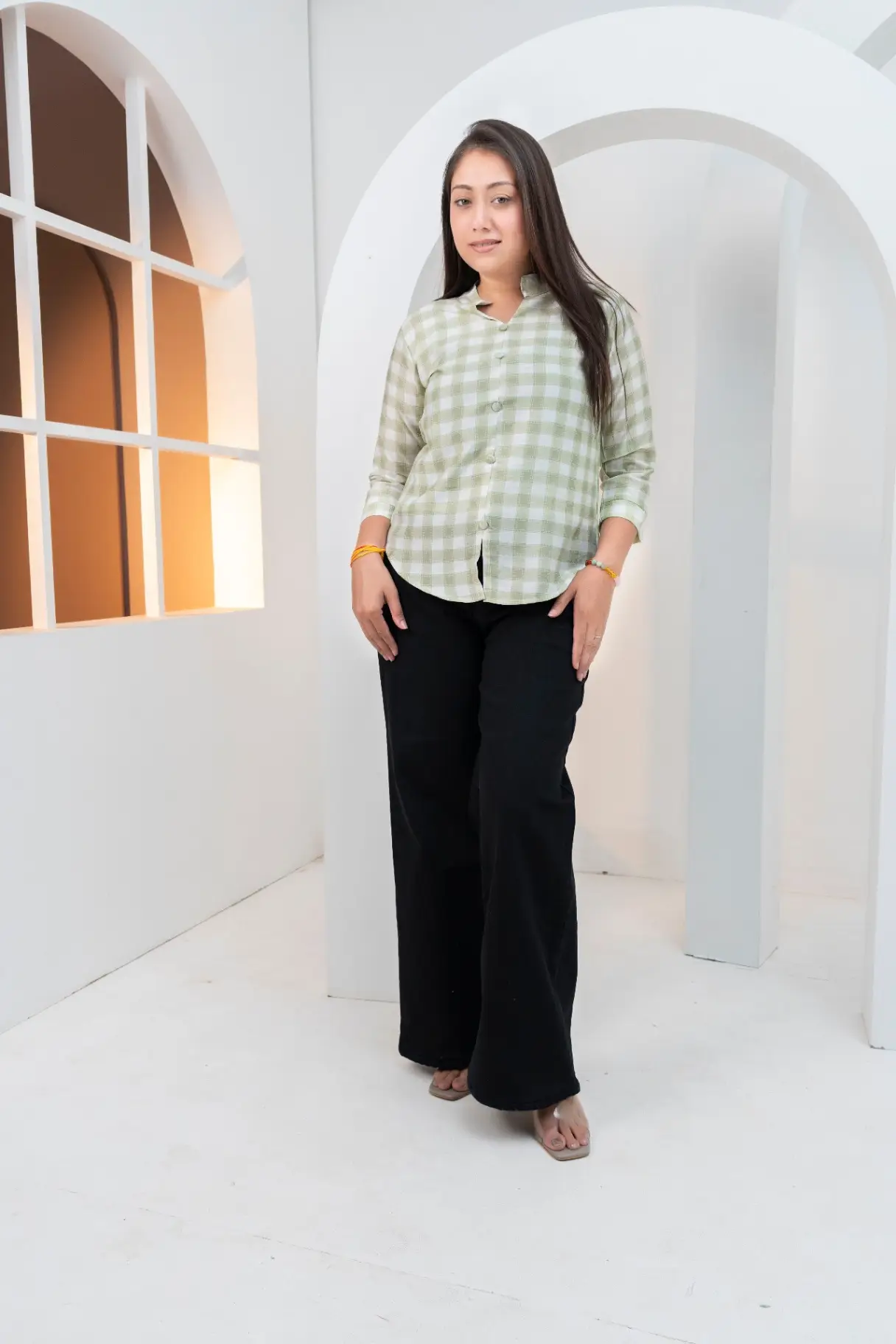 Sage Mist Gingham Check Mandarin Collar Shirt Top