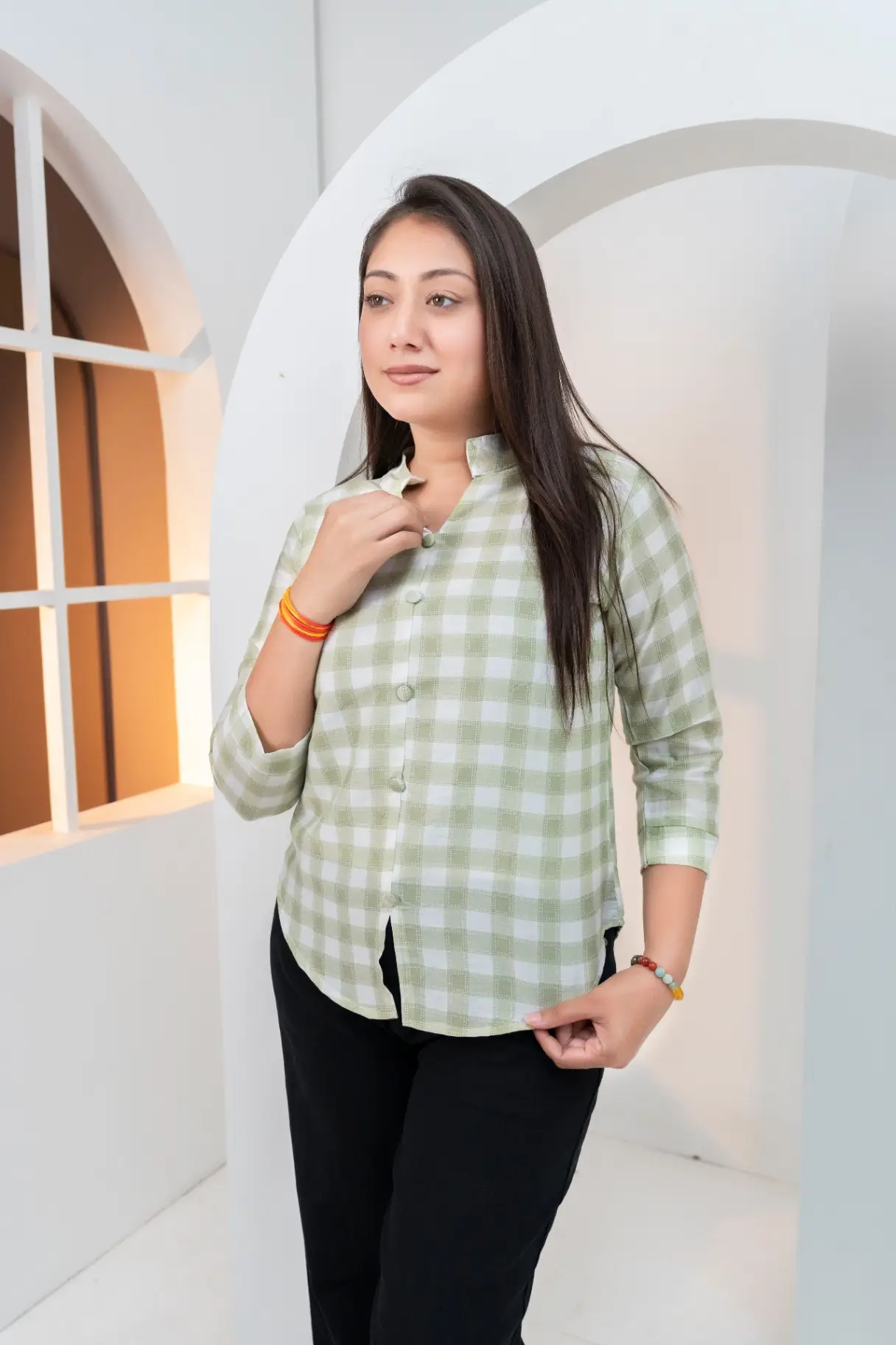 Sage Mist Gingham Check Mandarin Collar Shirt Top view 2