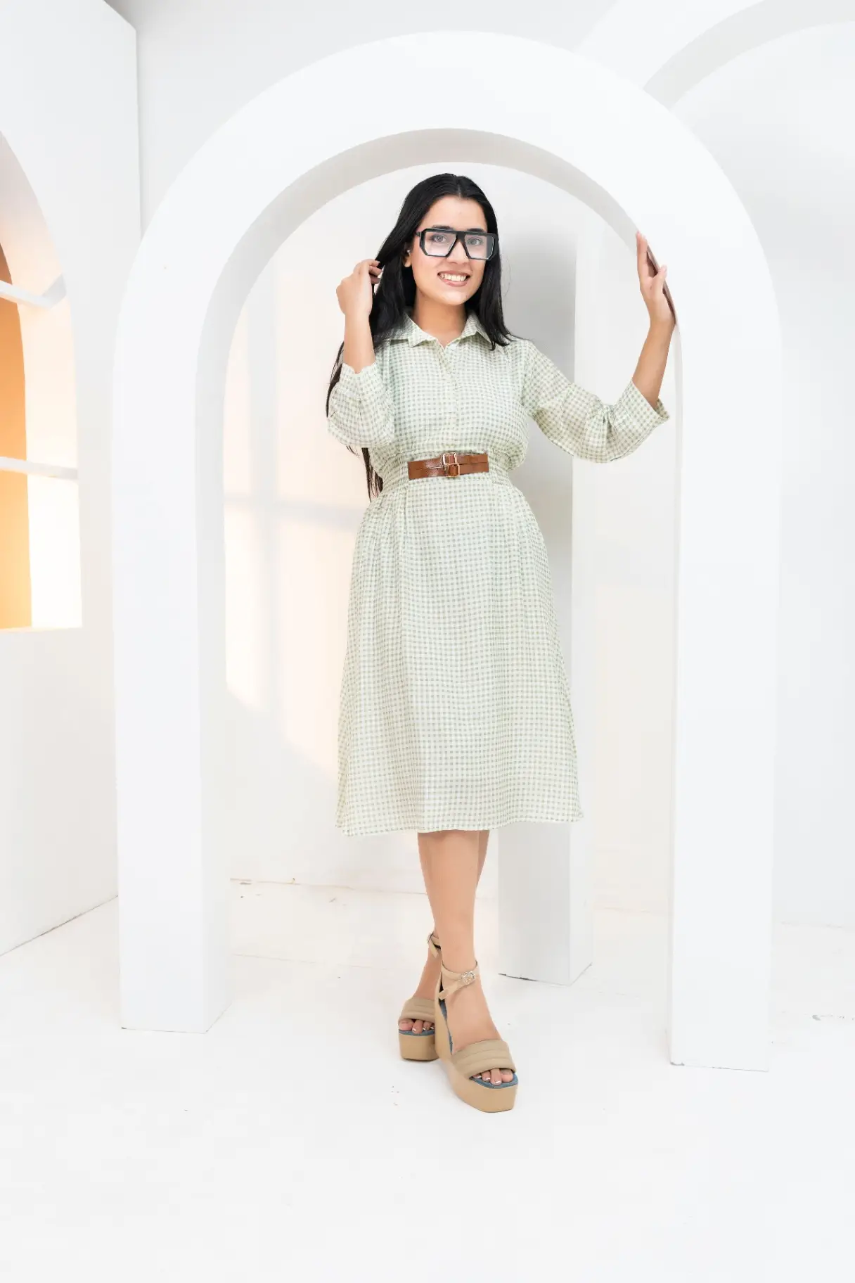 Sage Sorbet Gingham Checked Belted Midi Dress