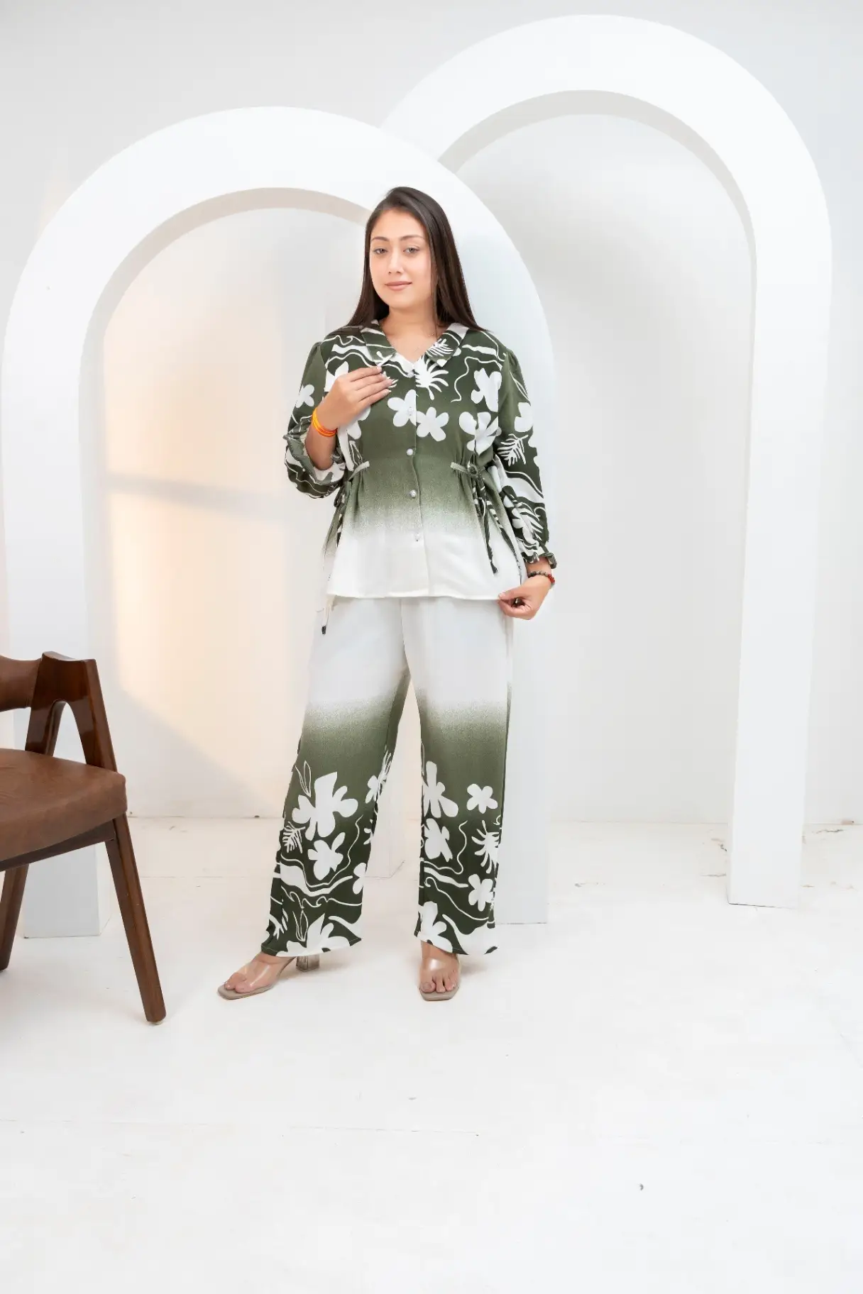 Olive Ombre Abstract Floral Cenched Co-Ord Set
