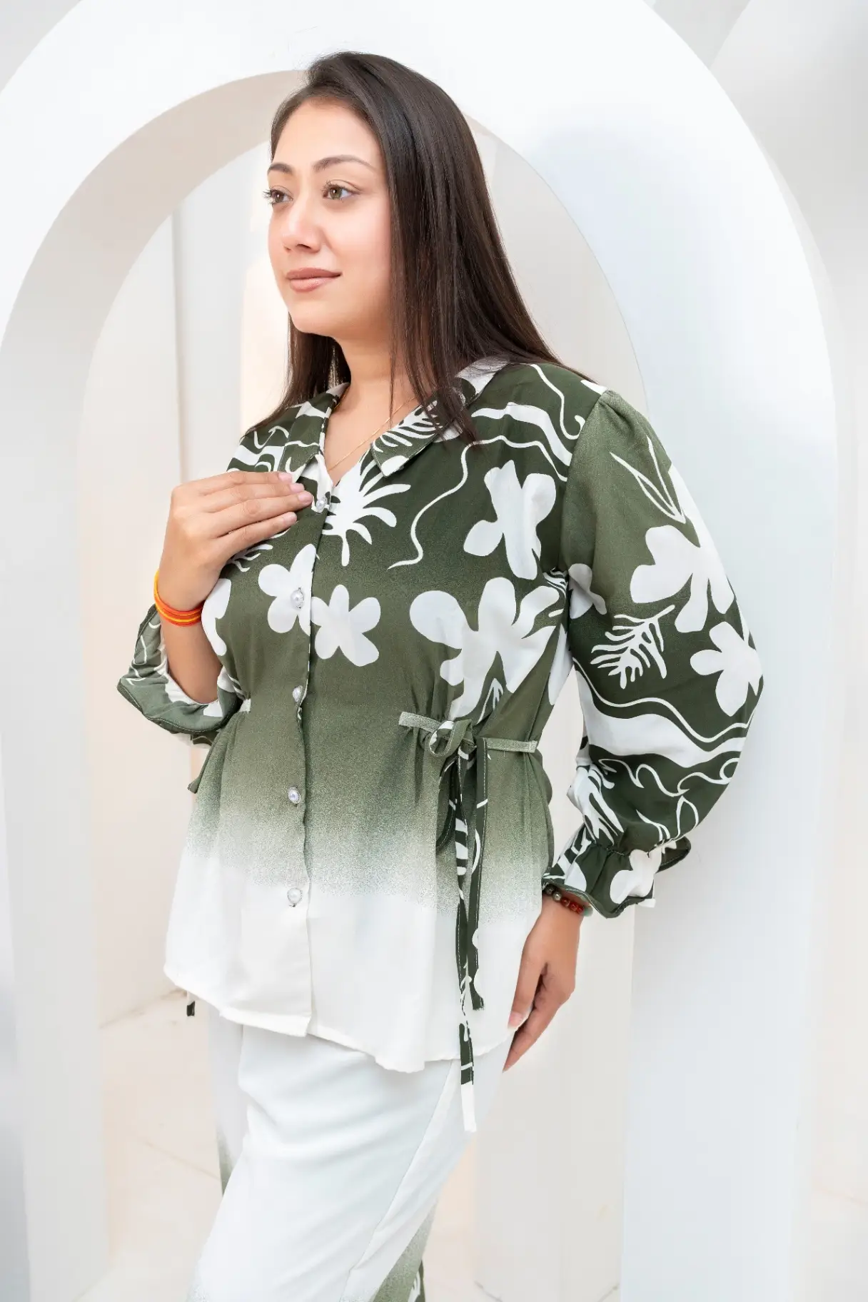 Olive Ombre Abstract Floral Cenched Co-Ord Set view 2