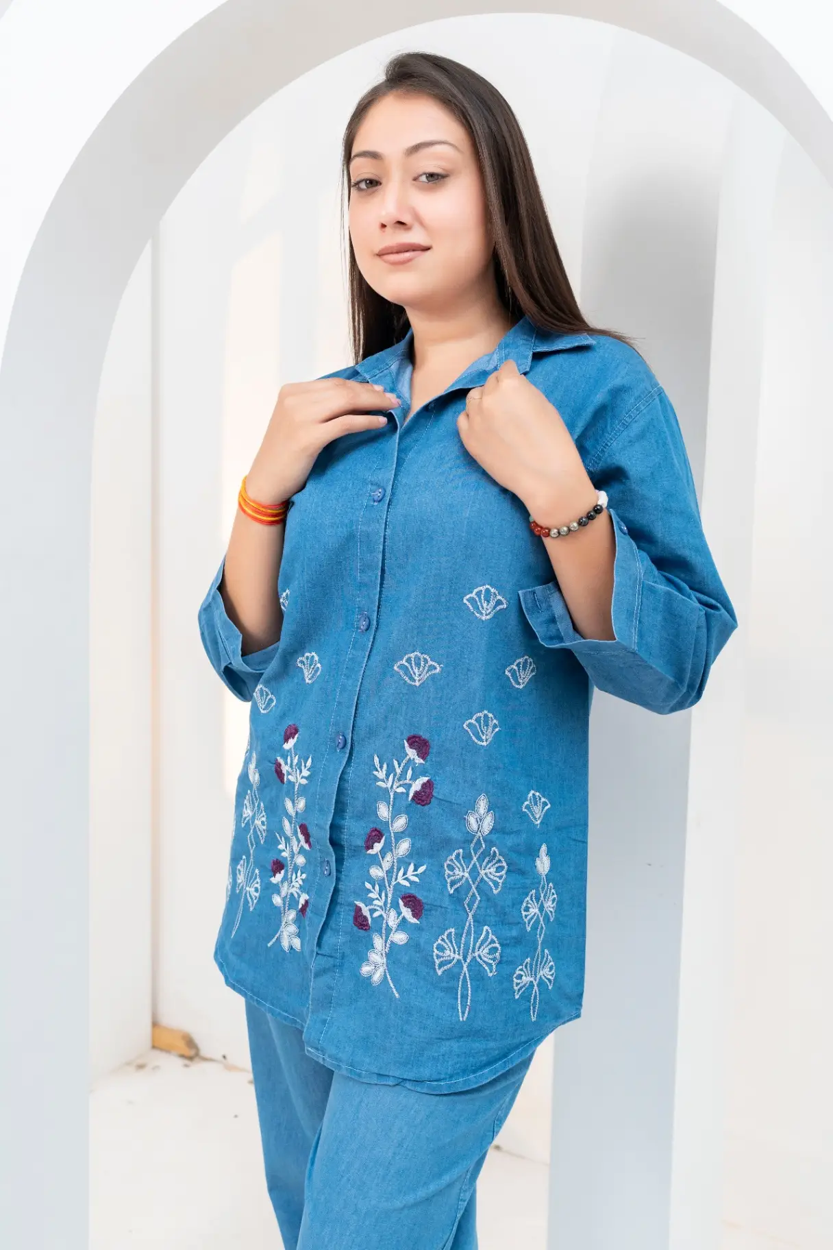Indigo Bloom Embroidered Chambray Denim Co-Ord Set view 2