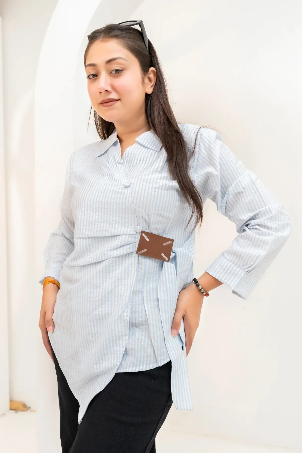 Sky Blue Pinstripe Wrap Tunic Top with Faux-Leather Buckle
