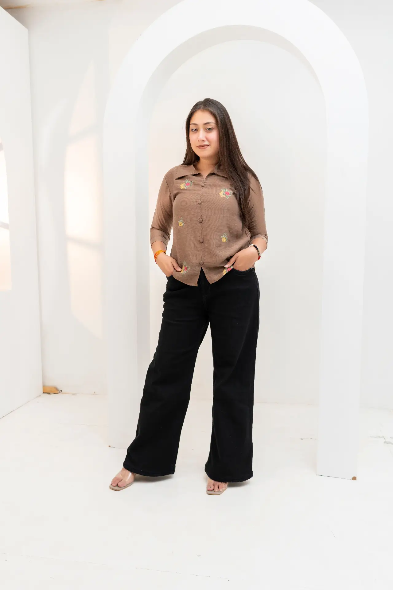 Cacao Brown Knit-Style Shirt Top with Floral Sprig Embroidery