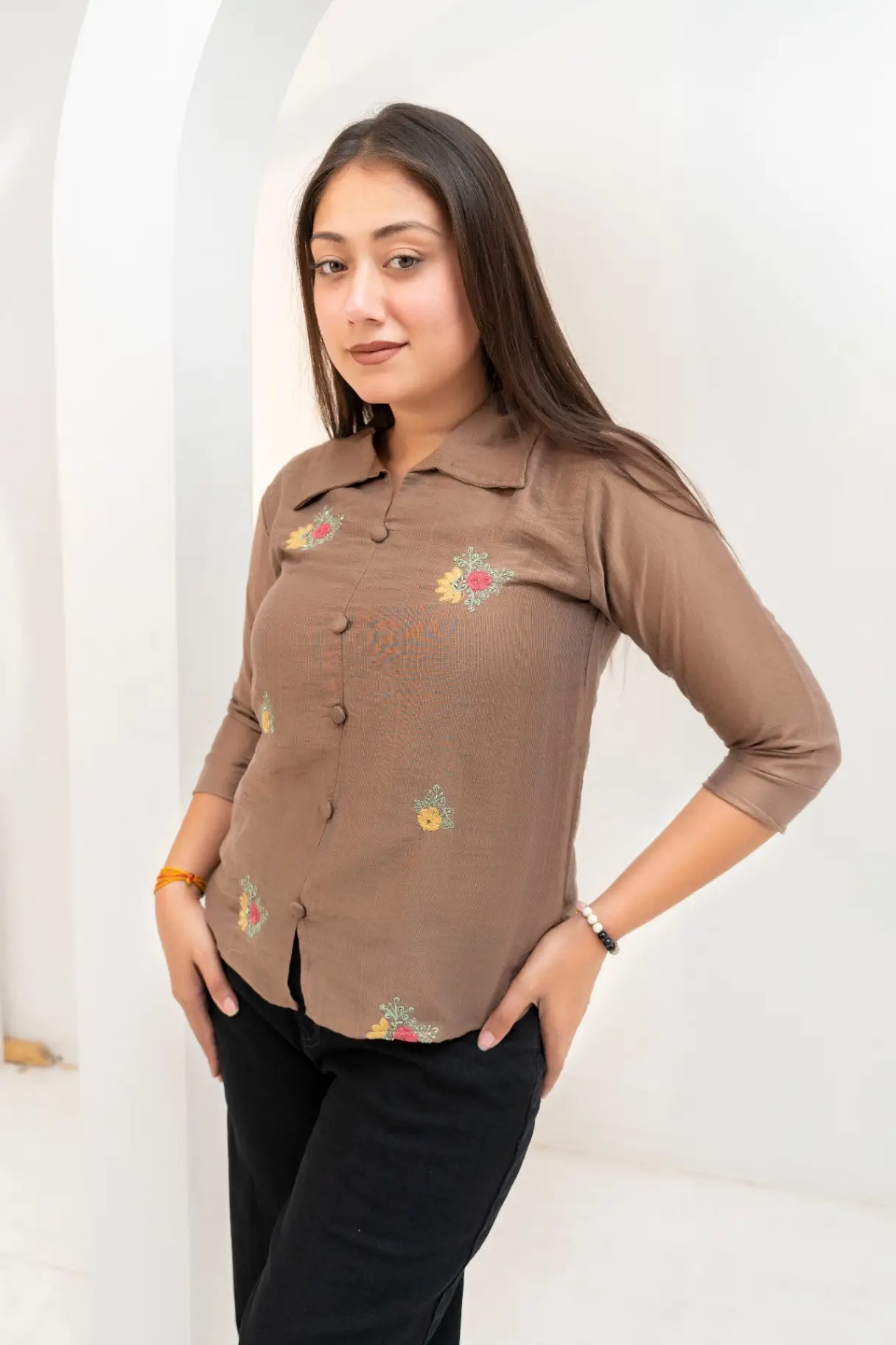 Cacao Brown Knit-Style Shirt Top with Floral Sprig Embroidery view 2