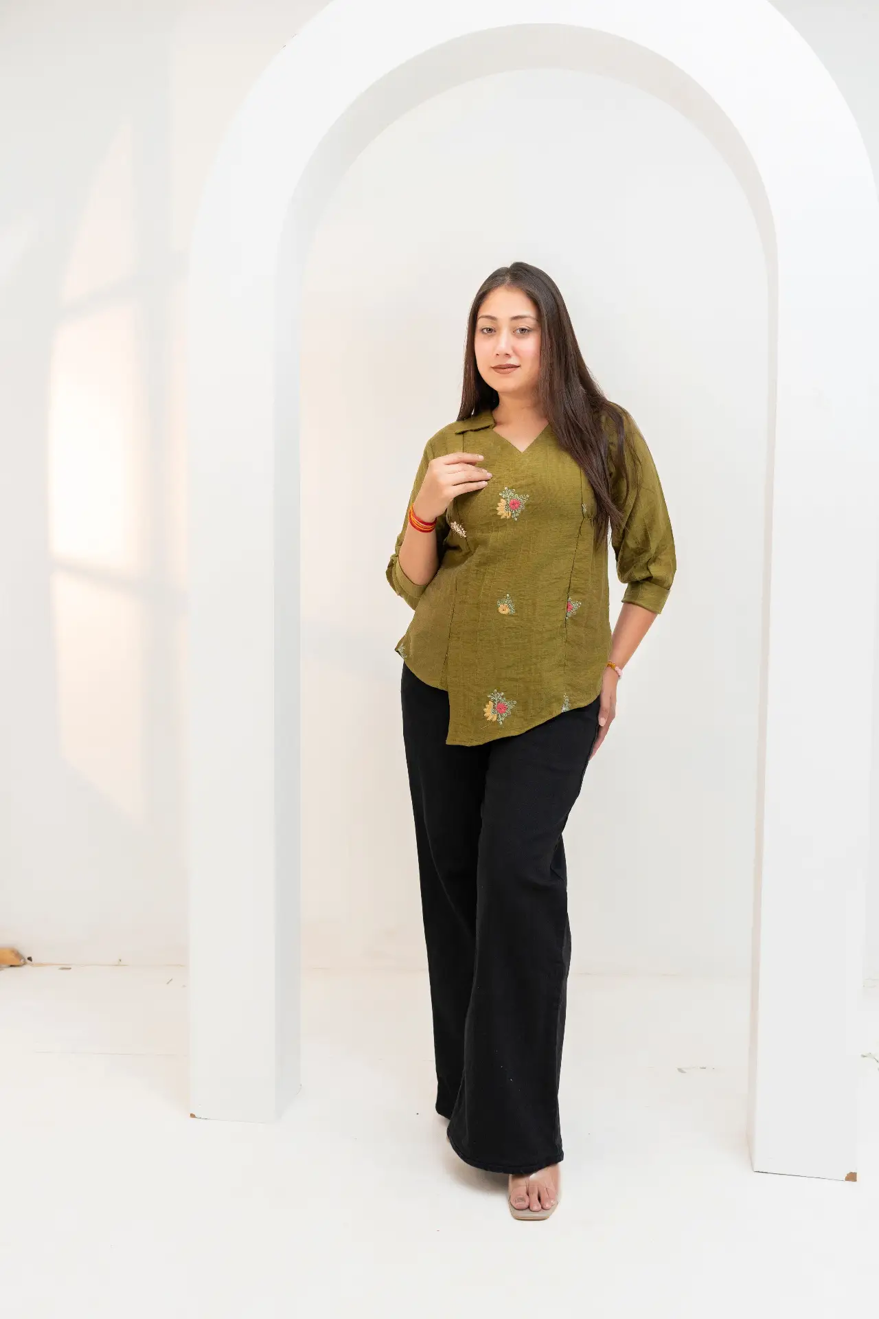 Olive Moss Wrap-Style Tunic Top with Floral Sprig Embroidery