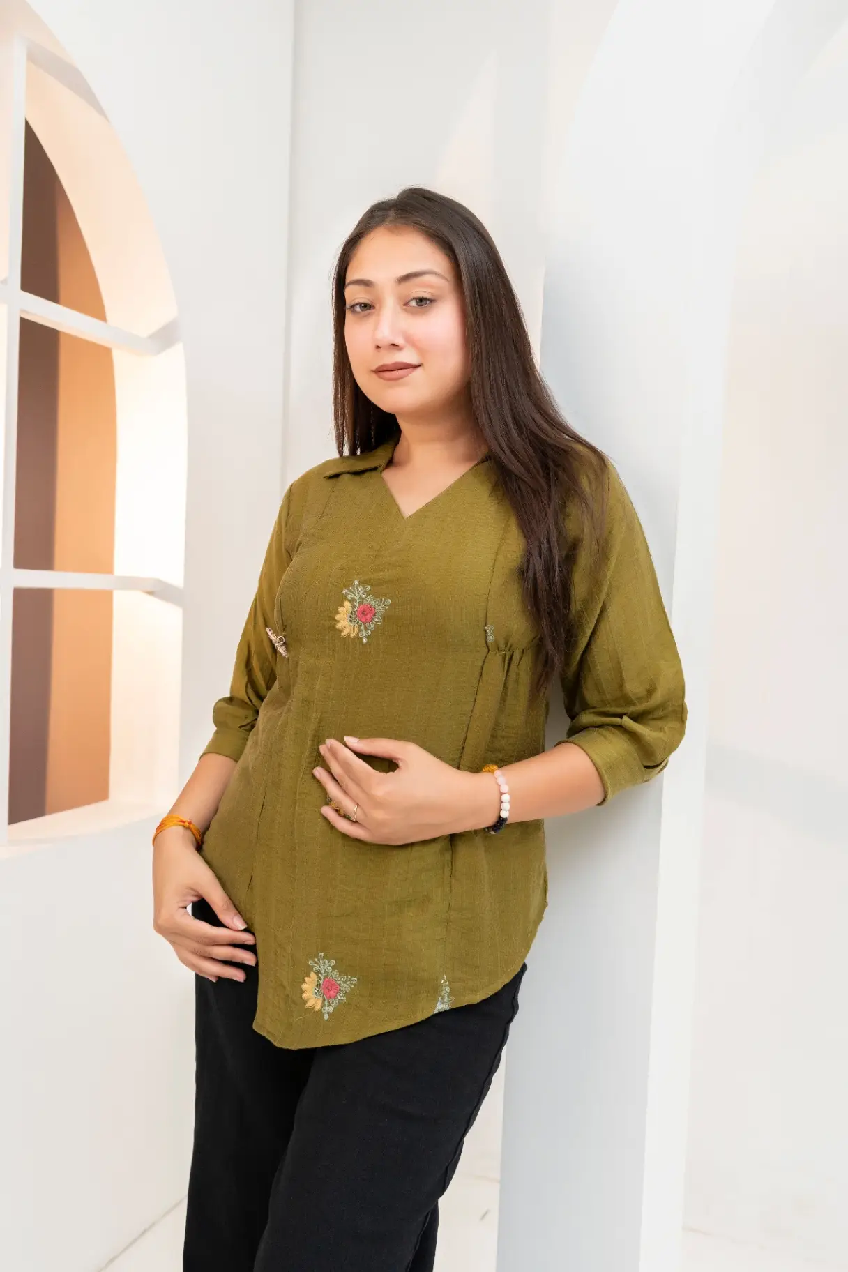 Olive Moss Wrap-Style Tunic Top with Floral Sprig Embroidery view 2