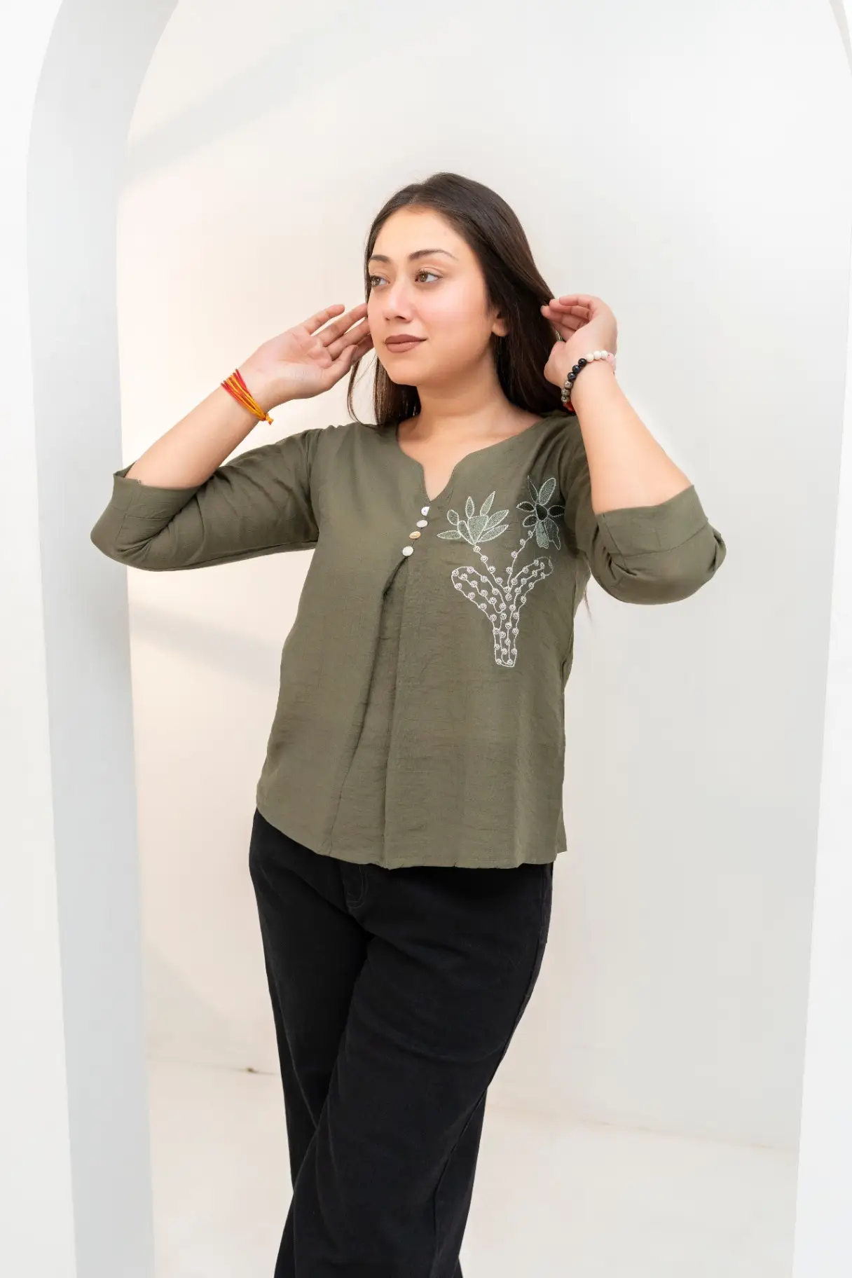 Olive Khaki Slub Top with Sketch-Style Botanical Embroidery view 2