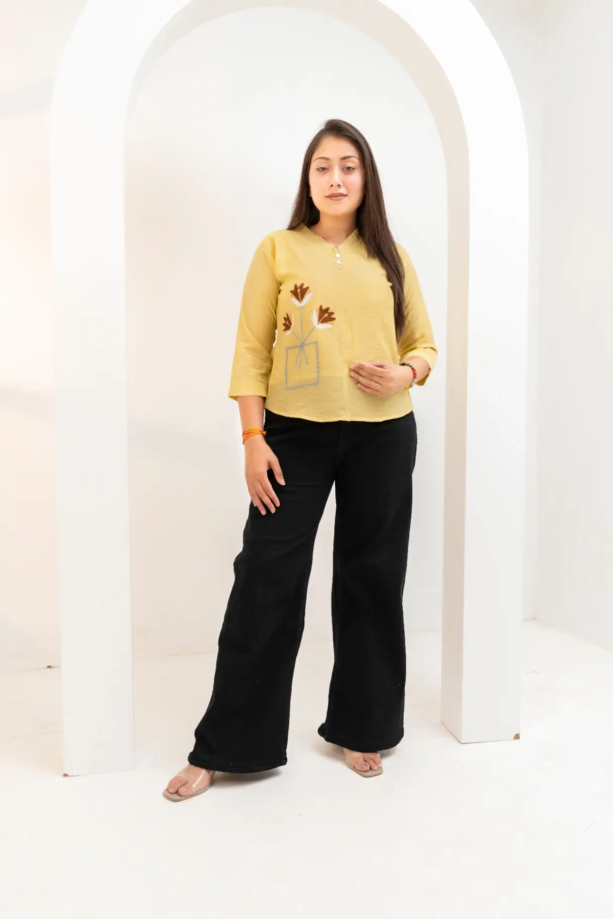 Honey Mustard Slub Top with Geometric Floral Vase Embroidery