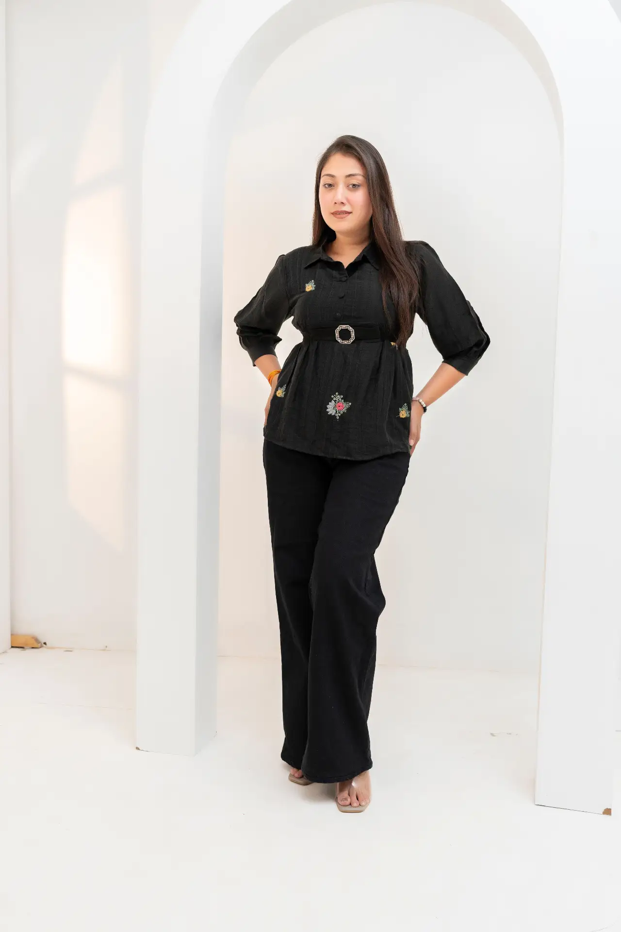 Midnight Black Slub Top with Rhinestone Belt & Floral Sprig Embroidery