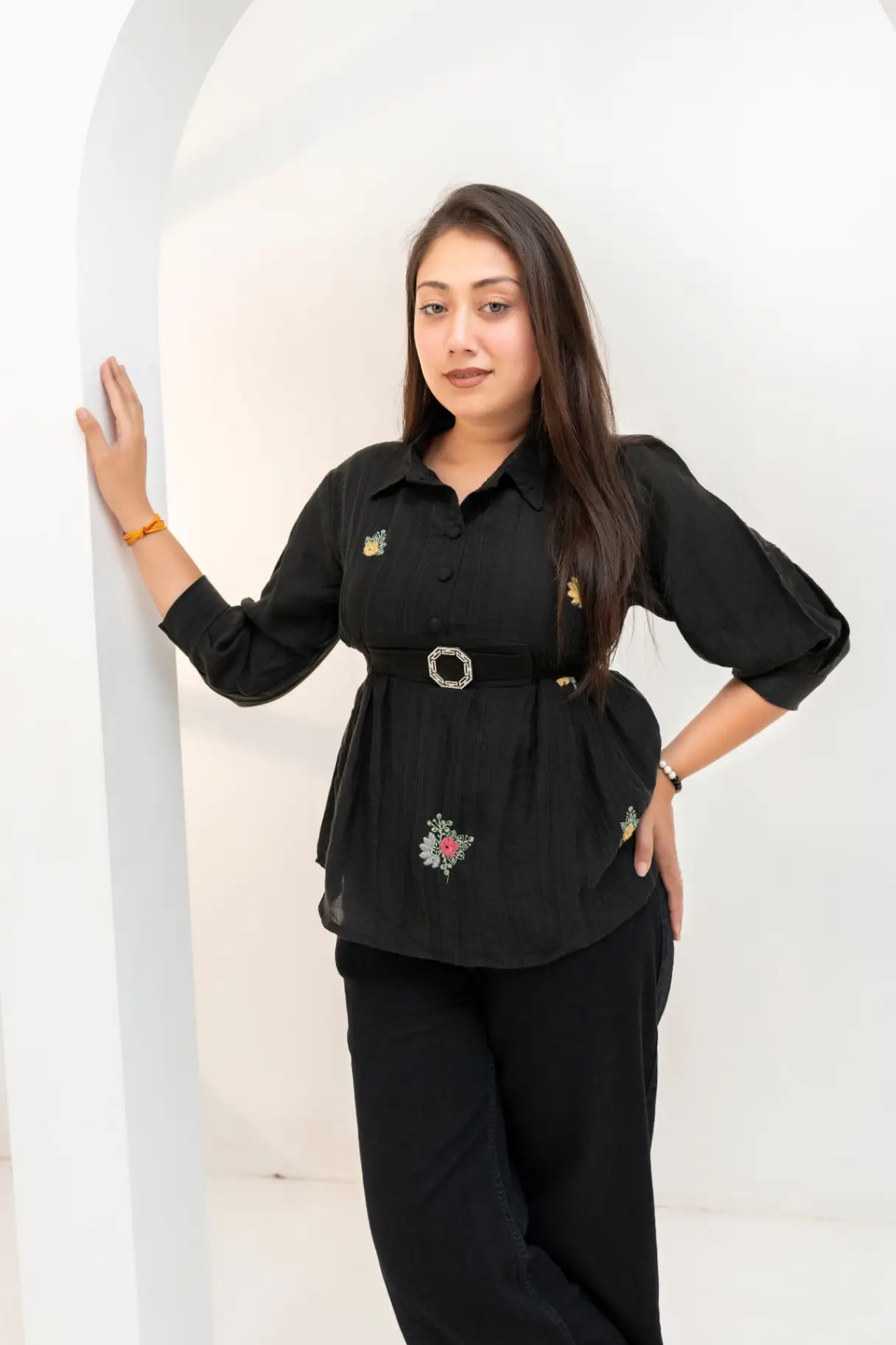 Midnight Black Slub Top with Rhinestone Belt & Floral Sprig Embroidery view 2