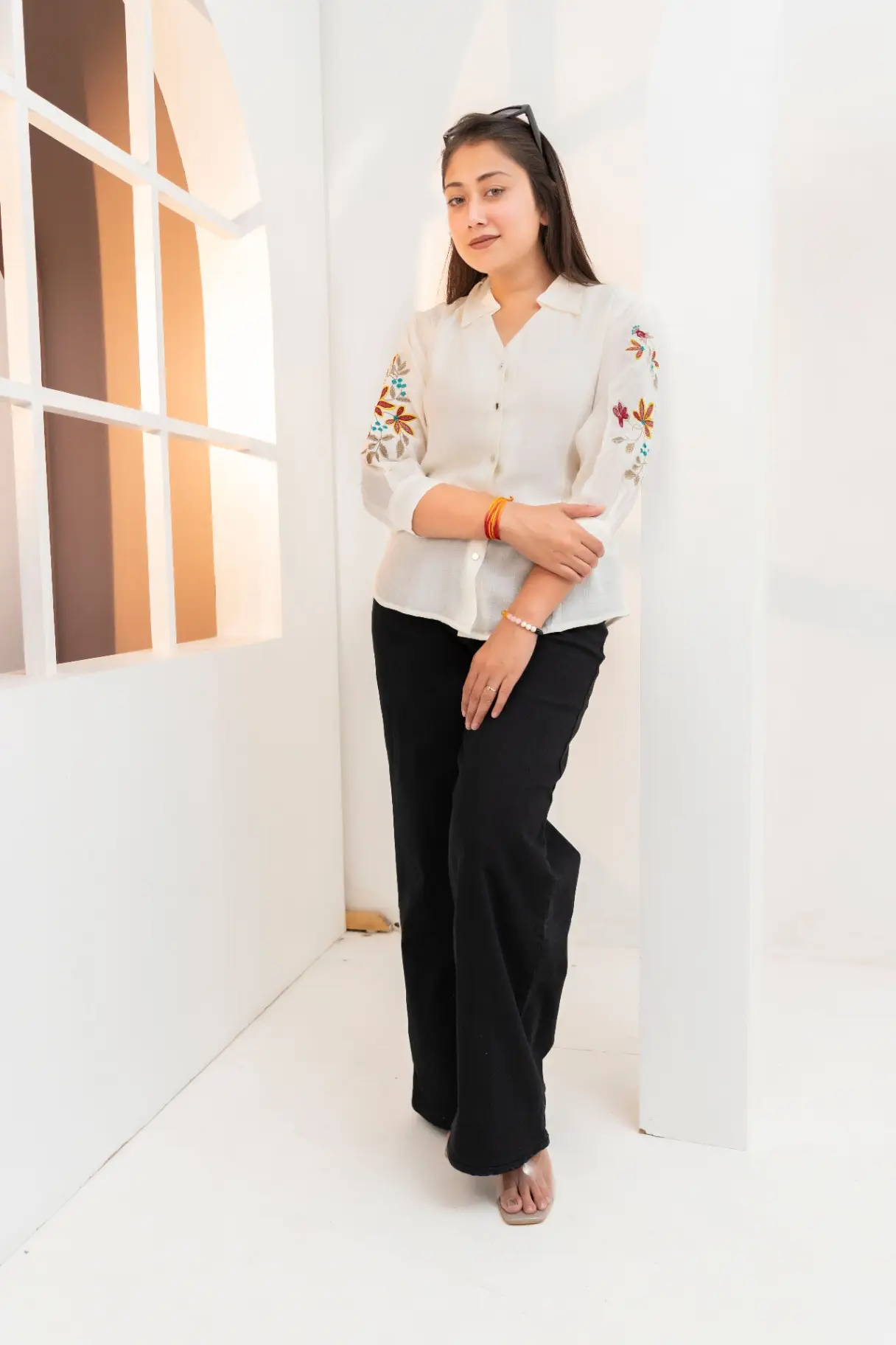 Ivory Slub Shirt Top with Multi-Color Bohemian Sleeve Embroidery