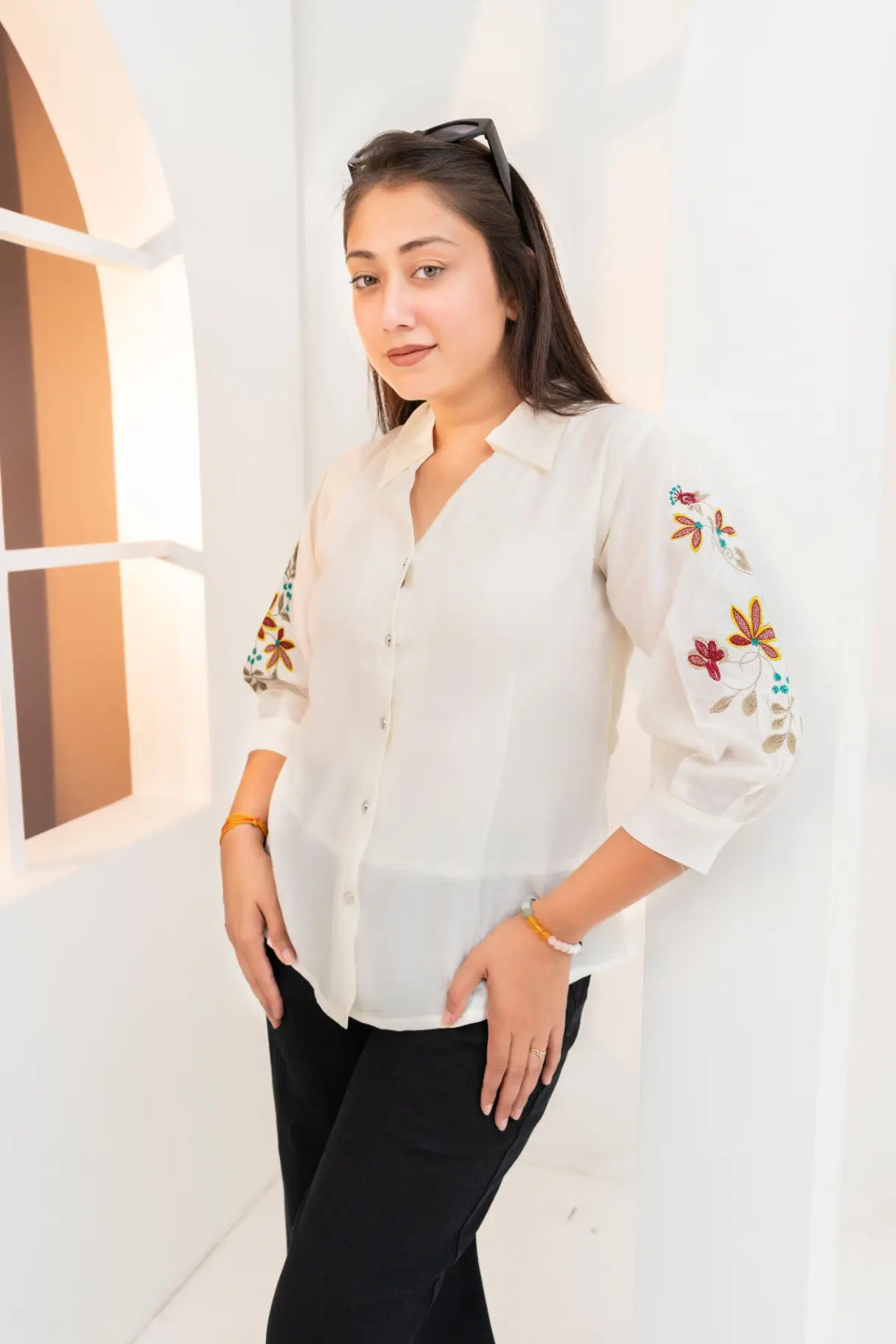 Ivory Slub Shirt Top with Multi-Color Bohemian Sleeve Embroidery view 2