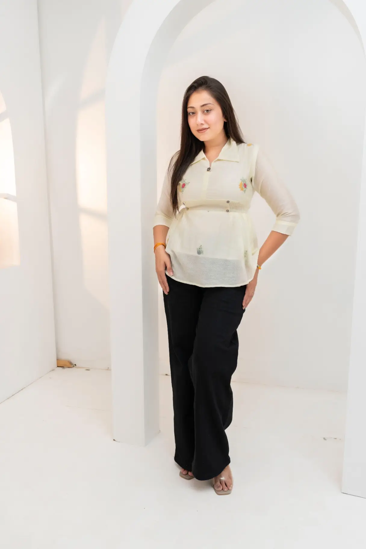 Ivory Slub Peplum Top with Smocked Waist & Floral Embroidery