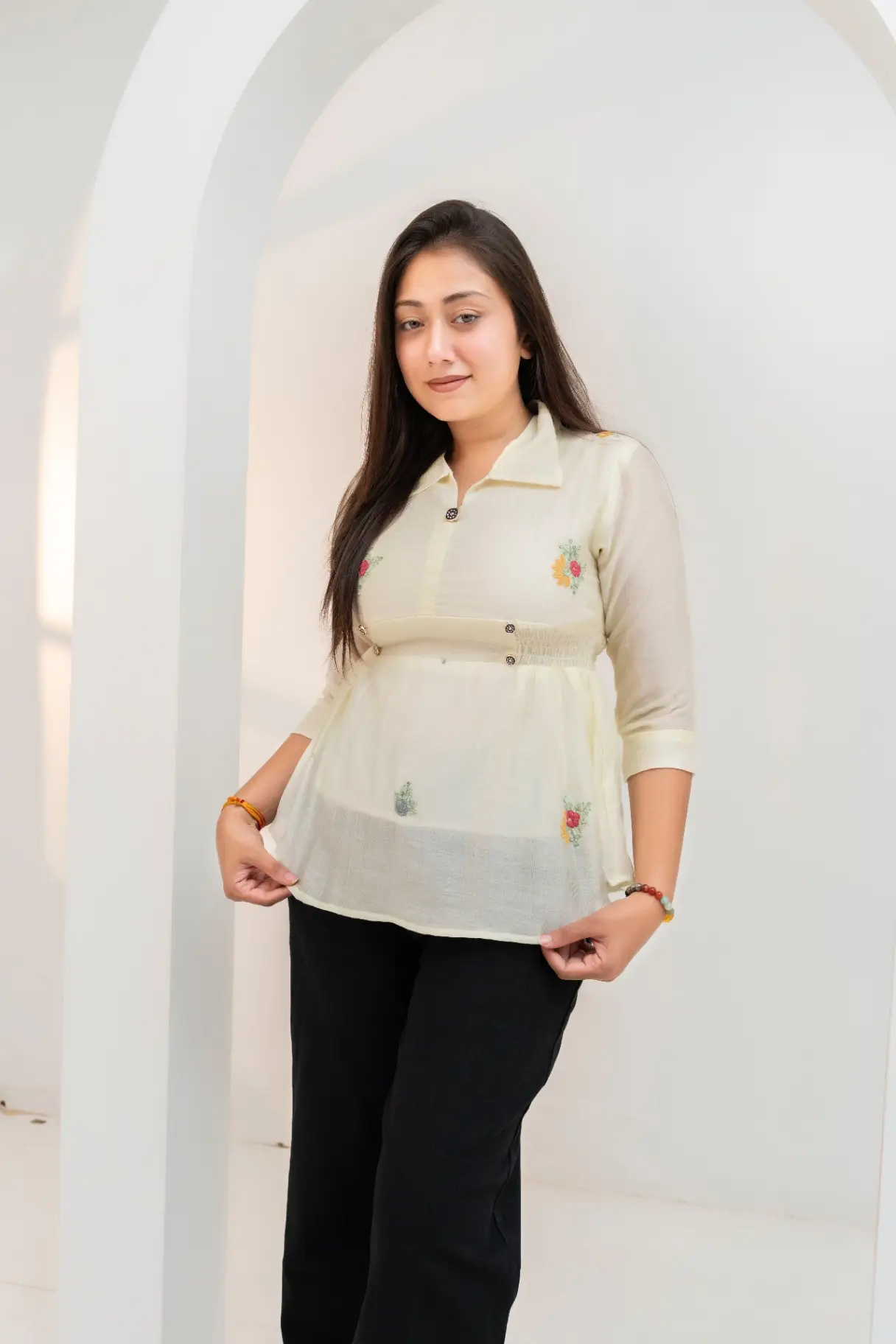 Ivory Slub Peplum Top with Smocked Waist & Floral Embroidery view 2