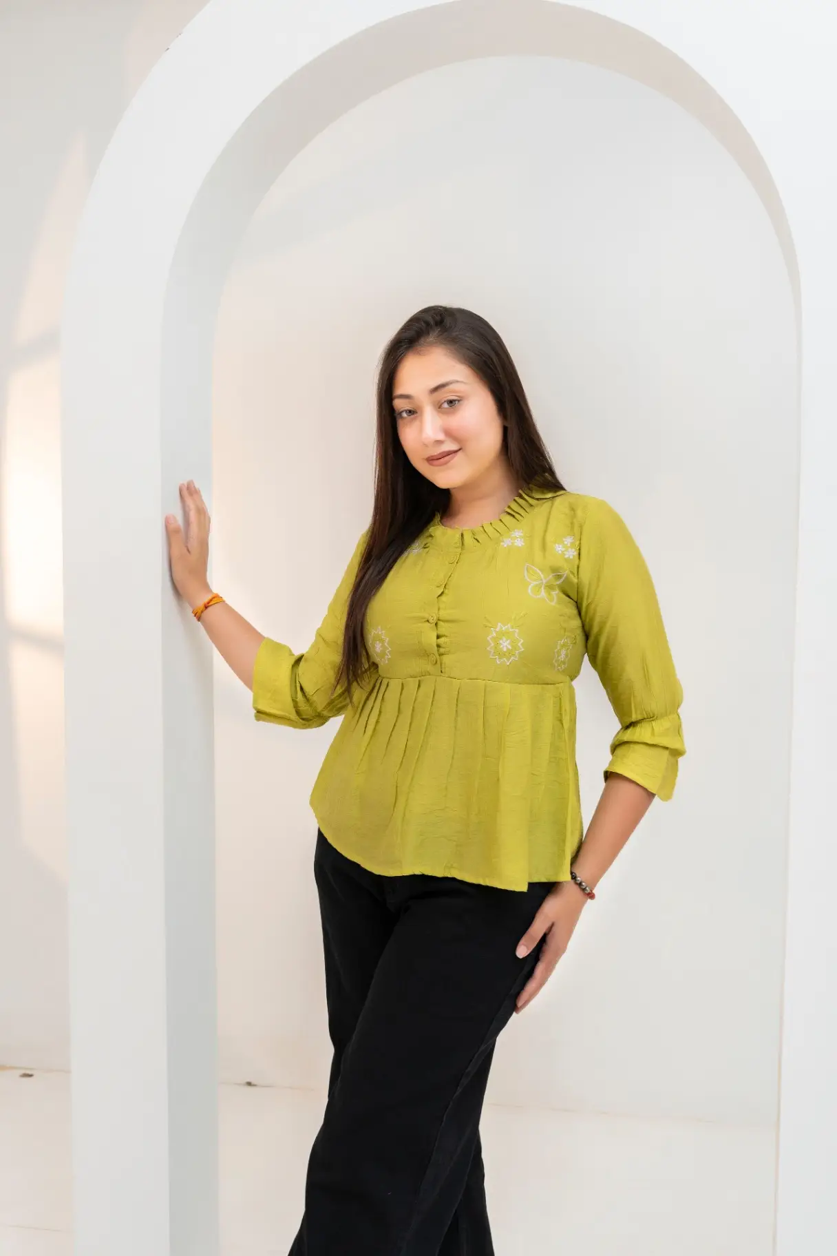 Olive Moss Slub Peplum Top with Intricate Mandala Embroidery view 2