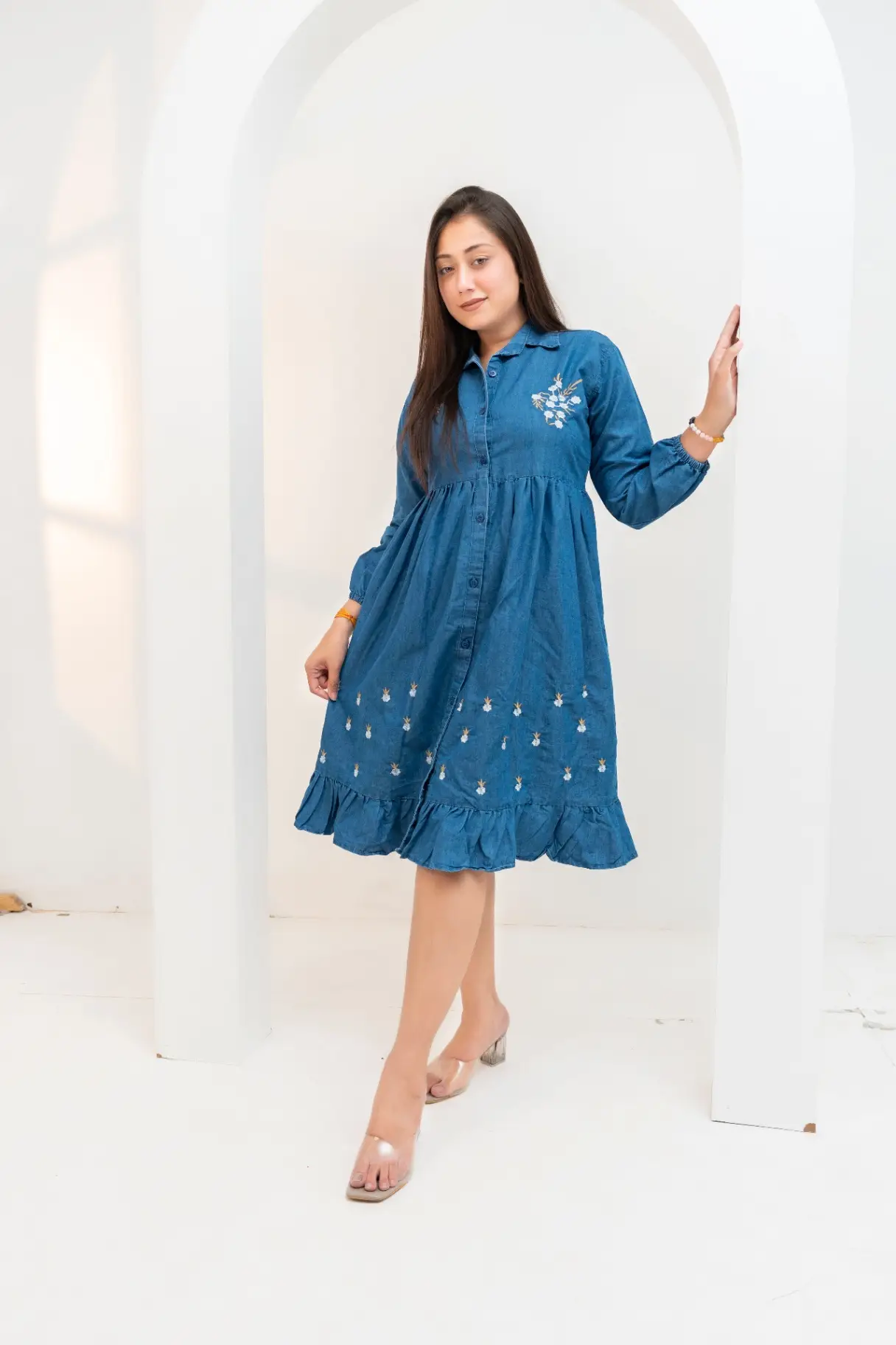 Indigo Chambray Midi Shirt Dress with Floral Bouquet Embroidery