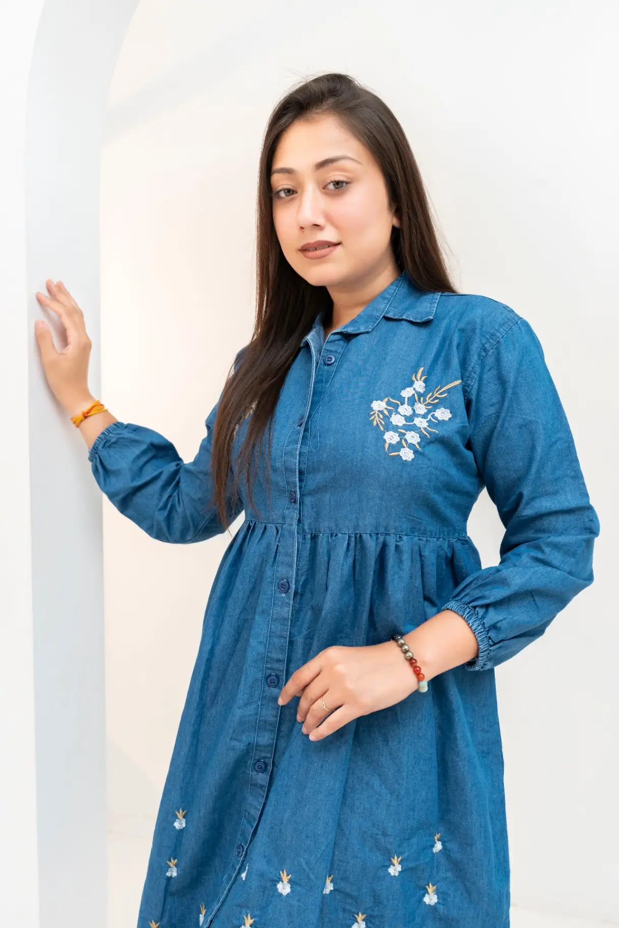 Indigo Chambray Midi Shirt Dress with Floral Bouquet Embroidery view 2