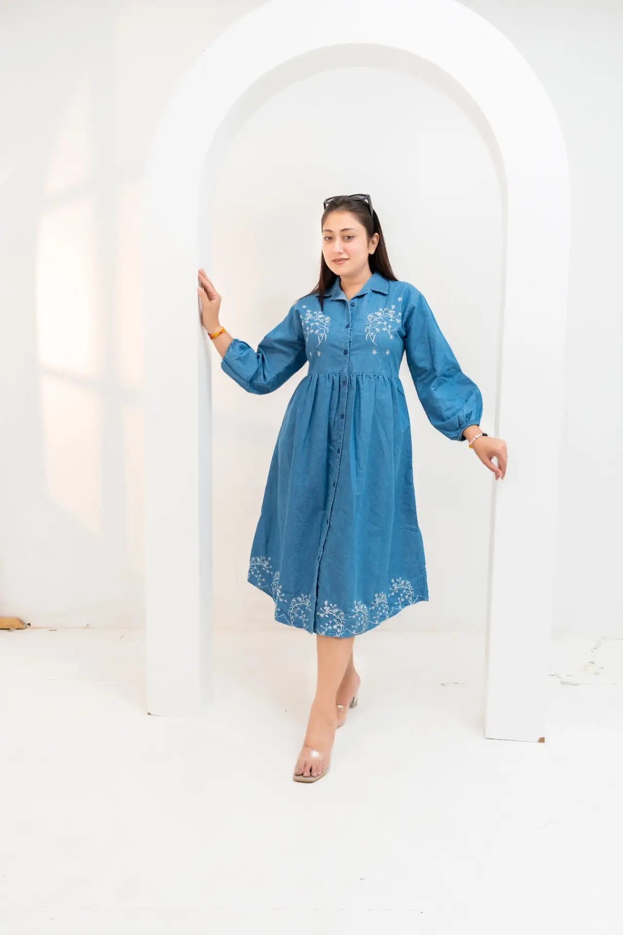 Indigo Chambray Midi Dress with Symmetrical Vine Embroidery