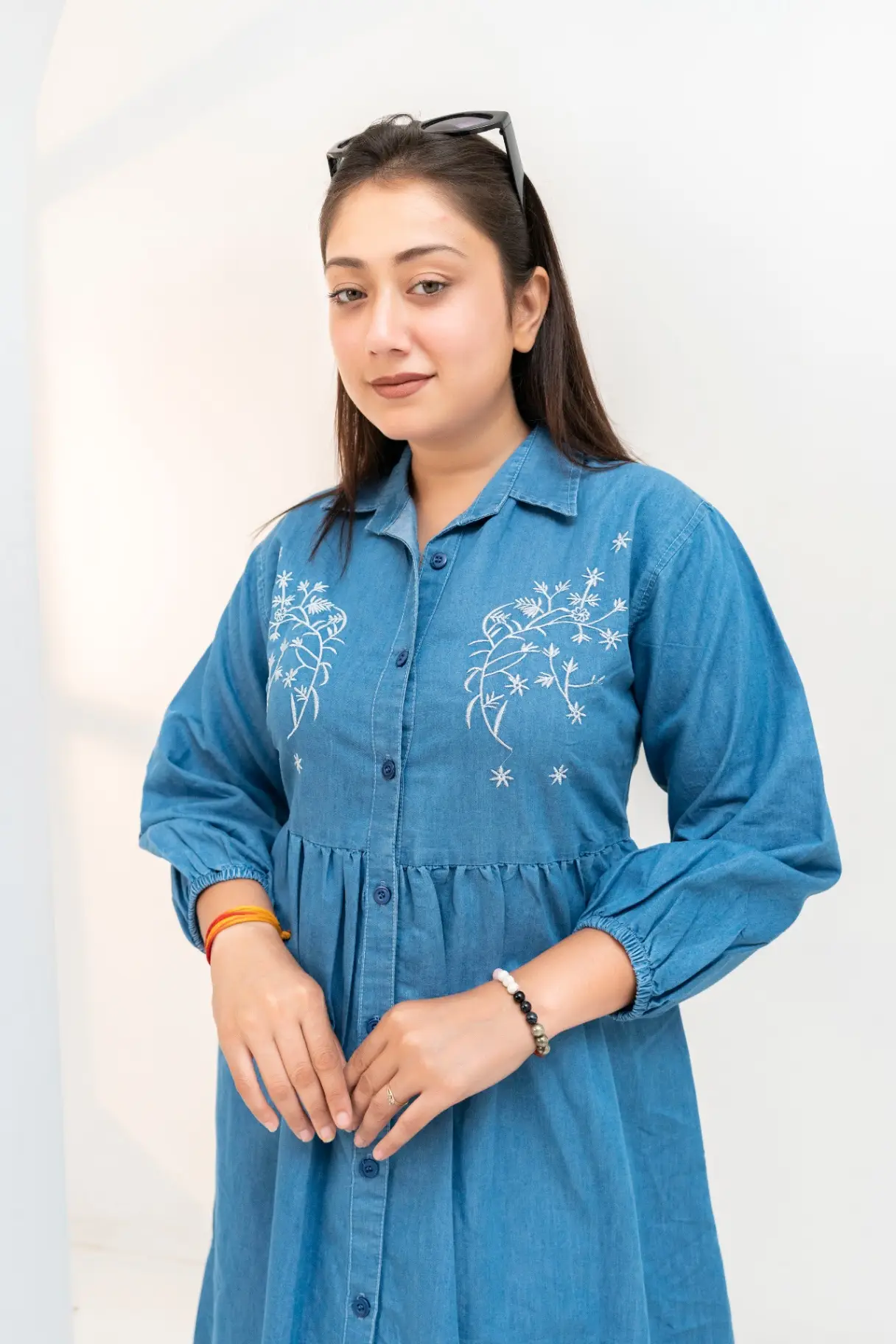 Indigo Chambray Midi Dress with Symmetrical Vine Embroidery view 2