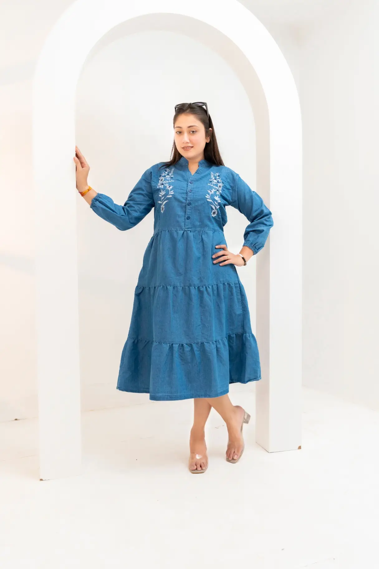 Indigo Chambray Tiered Midi Dress with Mandarin Split-Neck & Symmetrical Embroidery