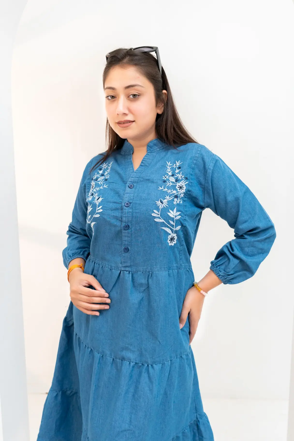 Indigo Chambray Tiered Midi Dress with Mandarin Split-Neck & Symmetrical Embroidery view 2