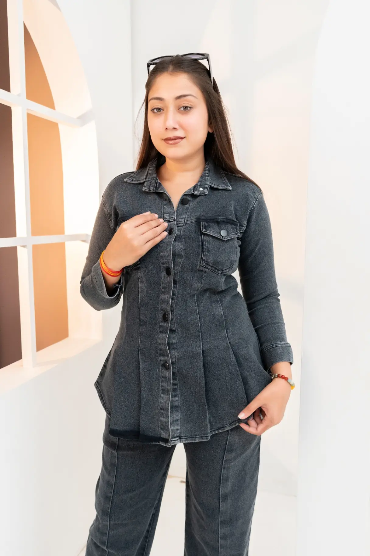 Midnight Charcoal Washed Denim Peplum Co-Ord Set view 2