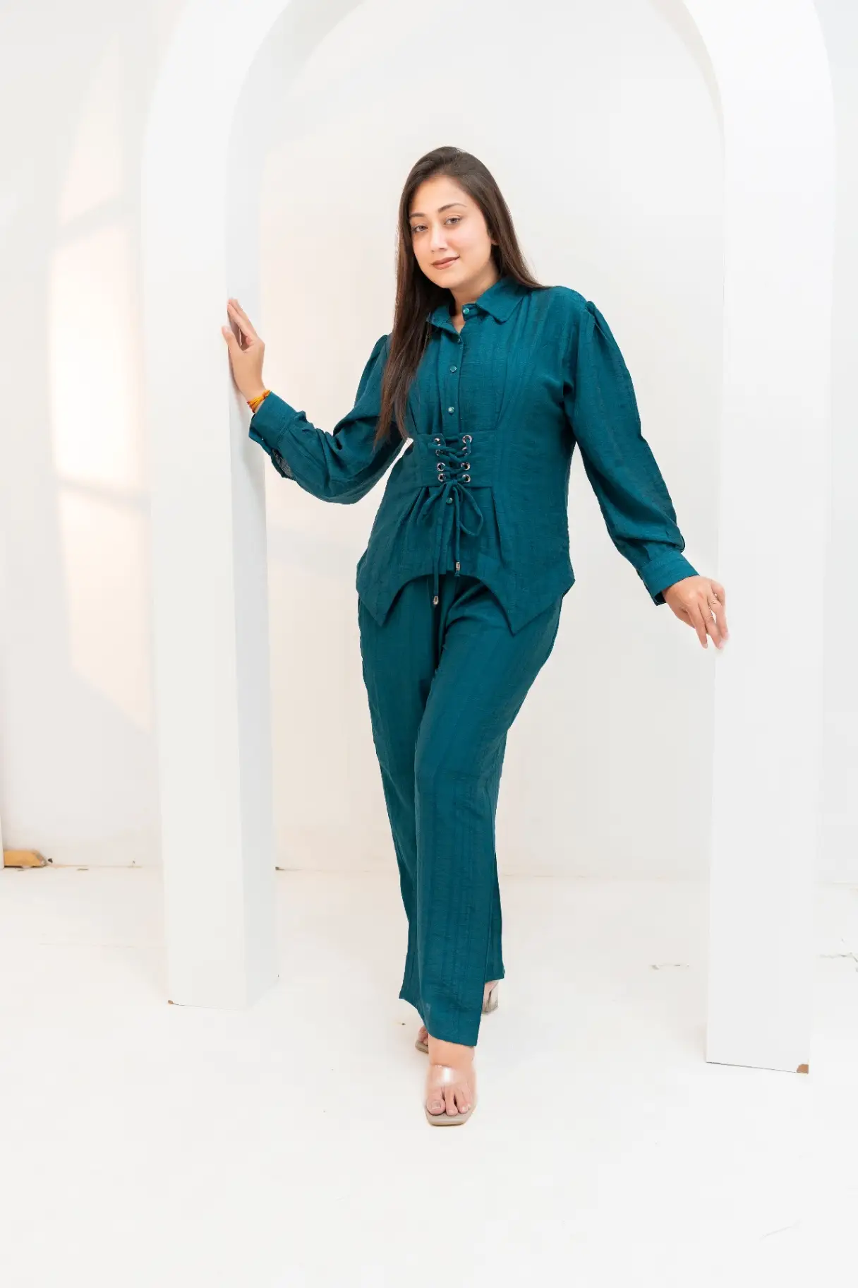 Dark Teal Slub Co-Ord Set with Lace-Up Corset Waist