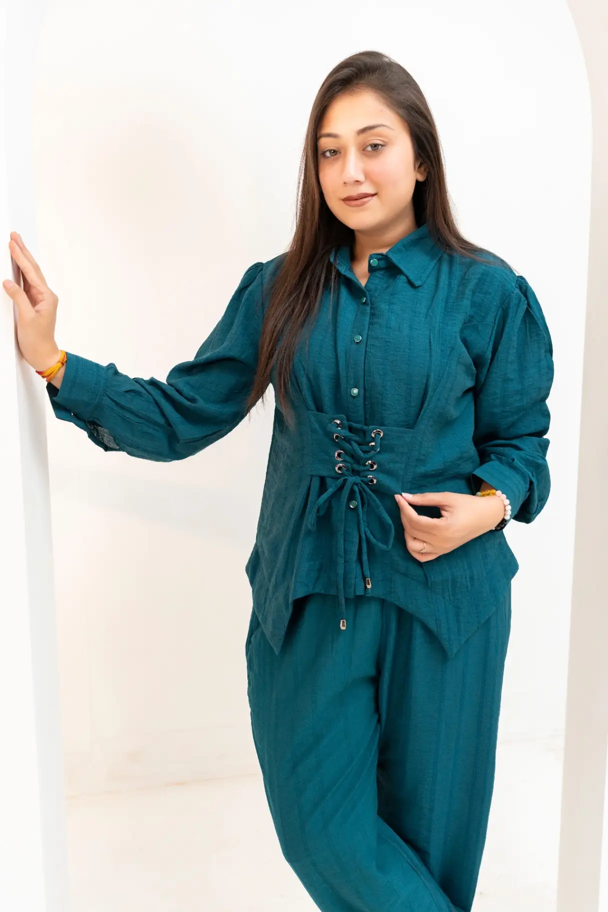 Dark Teal Slub Co-Ord Set with Lace-Up Corset Waist view 2