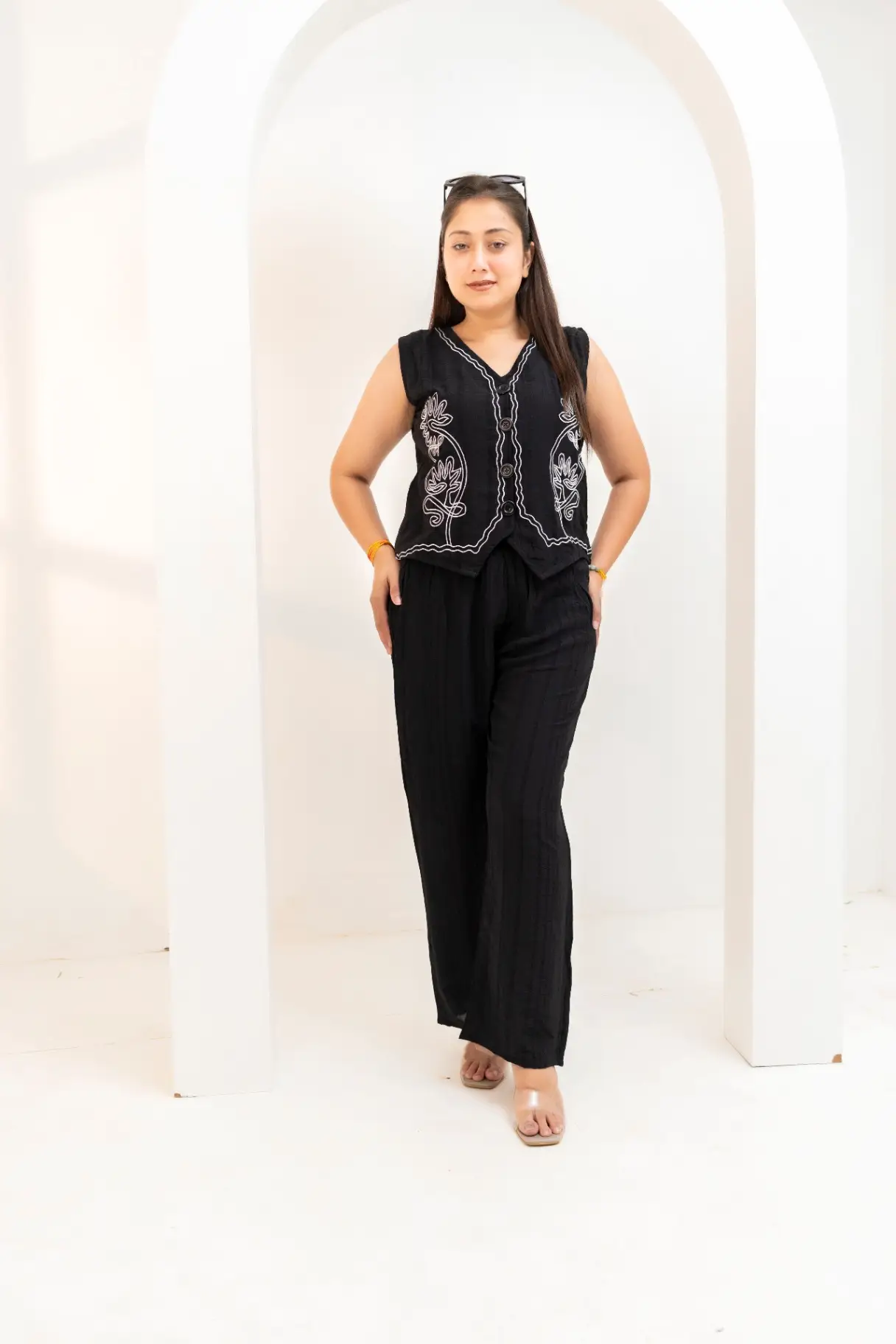 Onyx Black Vest Co-Ord Set with White Botanical Line Embroidery