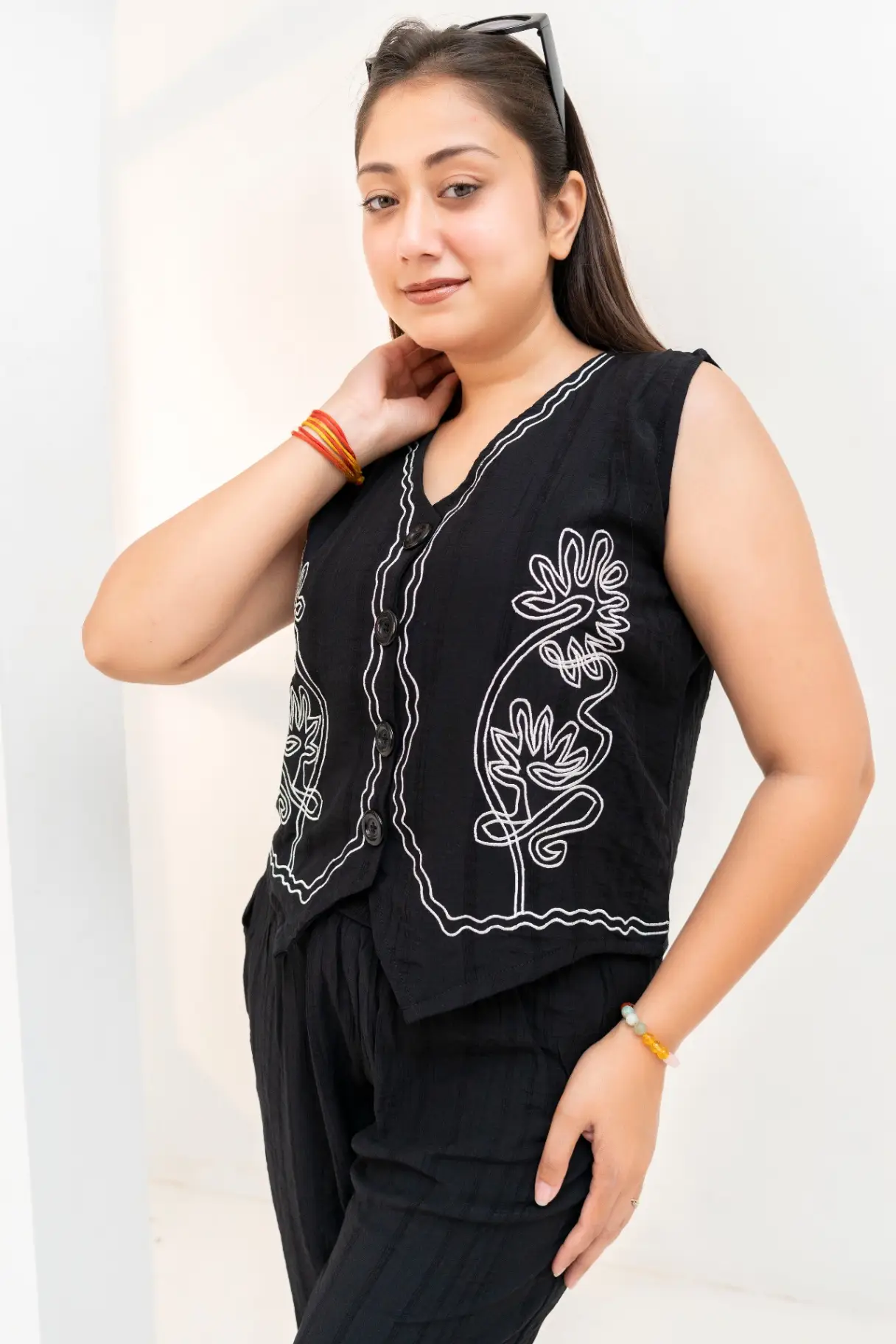 Onyx Black Vest Co-Ord Set with White Botanical Line Embroidery view 2