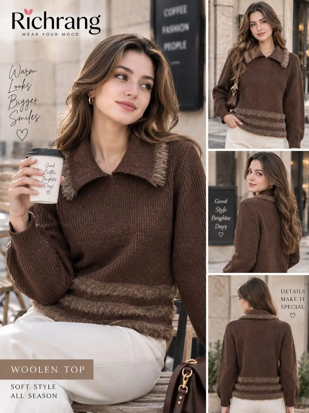 Espresso Ribbed Knit Woolen Top with Faux-Fur Collar Trim