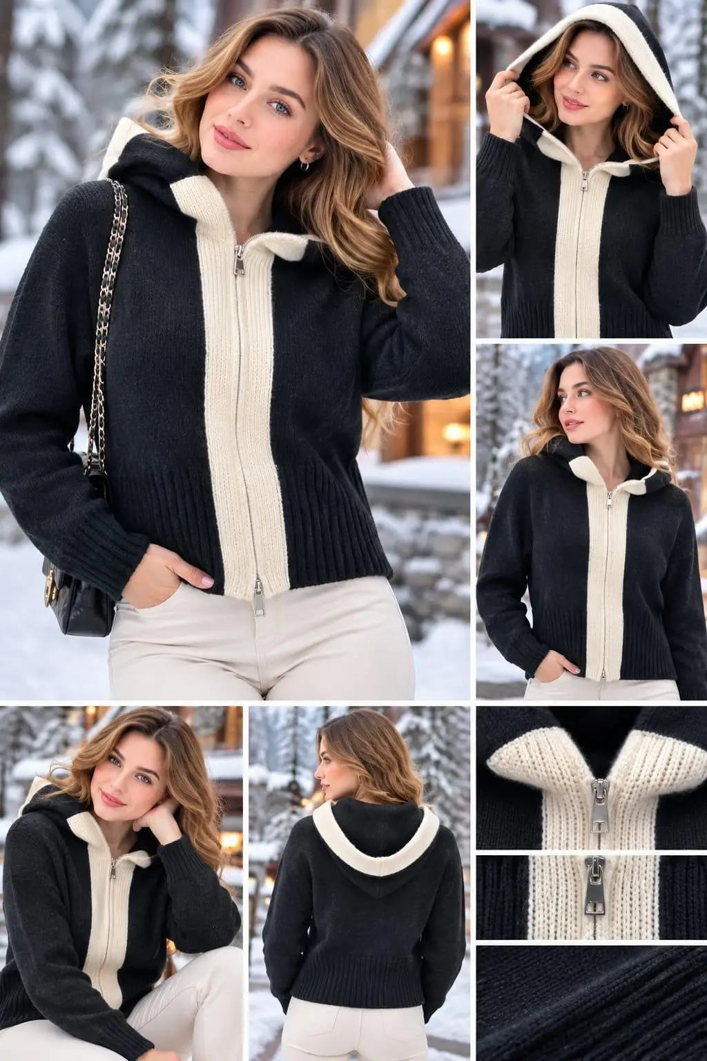 Midnight Onyx Zip-Up Hooded Sweater with Cream Contrast Panels