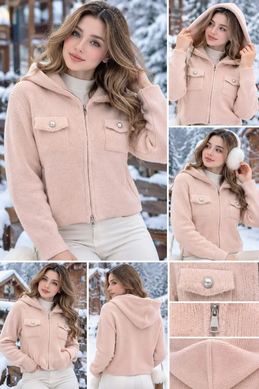 Powder Blush Hooded Knit Bomber Jacket