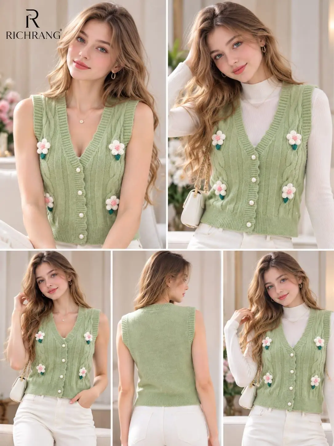 Sage Blossom Cable-Knit V-Neck Vest Top