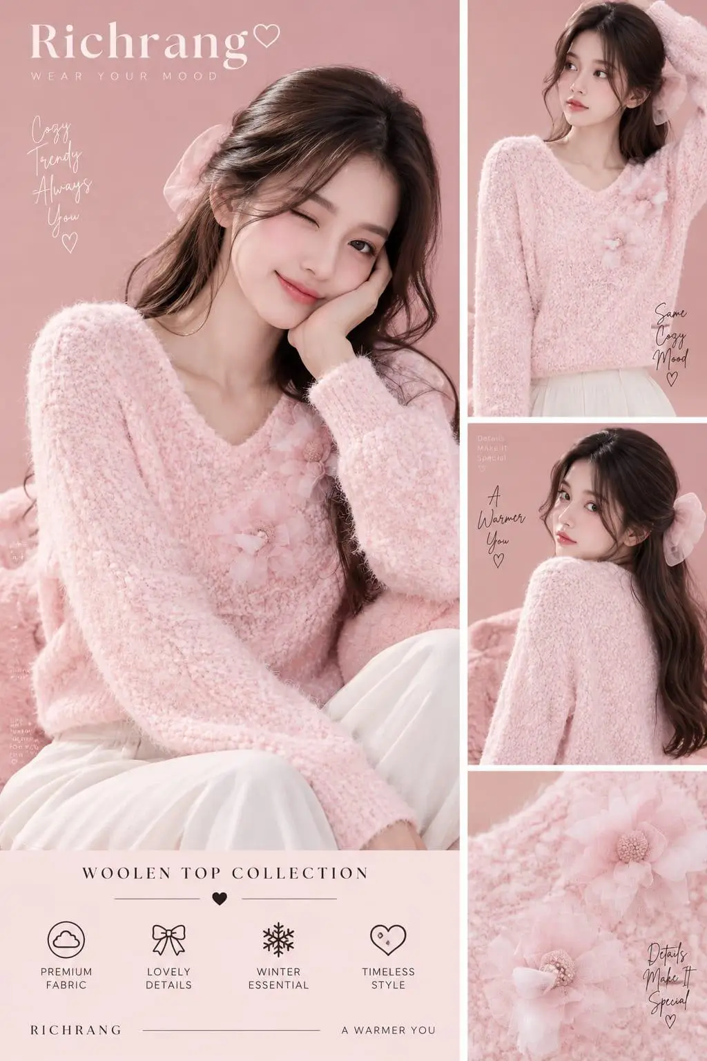 Soft Blush Bouclé V-Neck Sweater with Tulle Florals