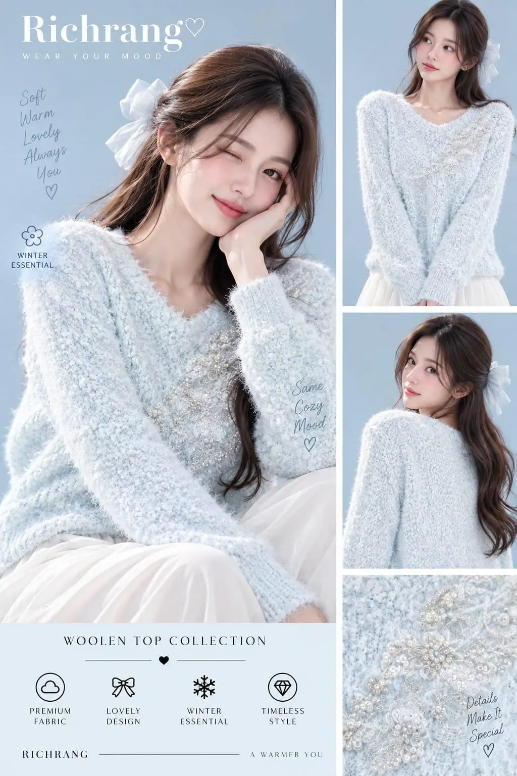Soft Blush Bouclé V-Neck Sweater with Tulle Florals view 2
