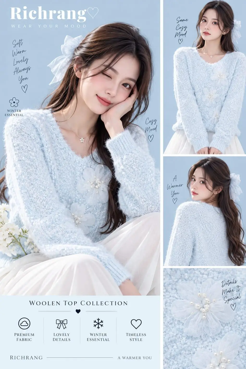 Soft Blush Bouclé V-Neck Sweater with Tulle Florals view 3