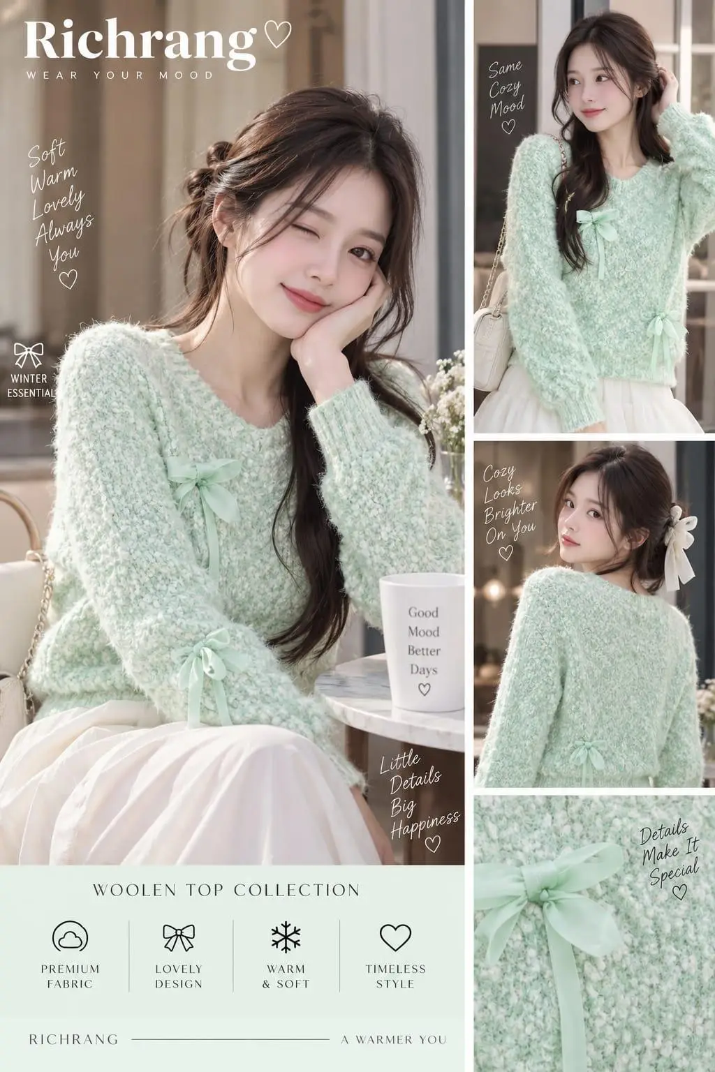 Soft Blush Bouclé V-Neck Sweater with Tulle Florals view 4