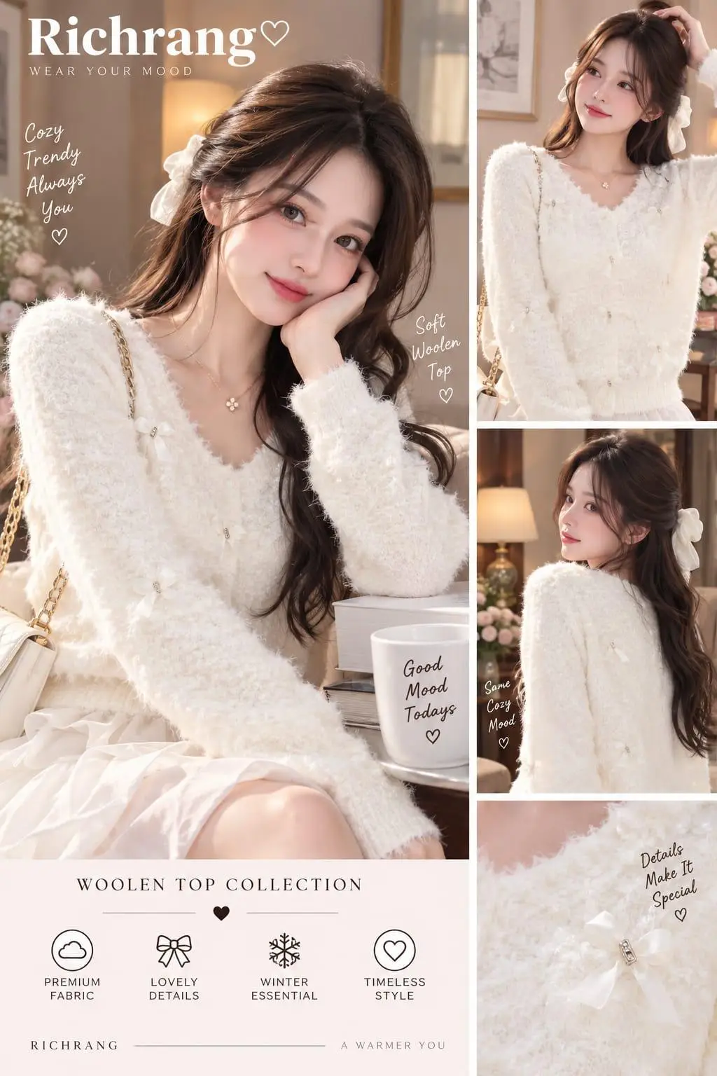 Soft Blush Bouclé V-Neck Sweater with Tulle Florals view 5