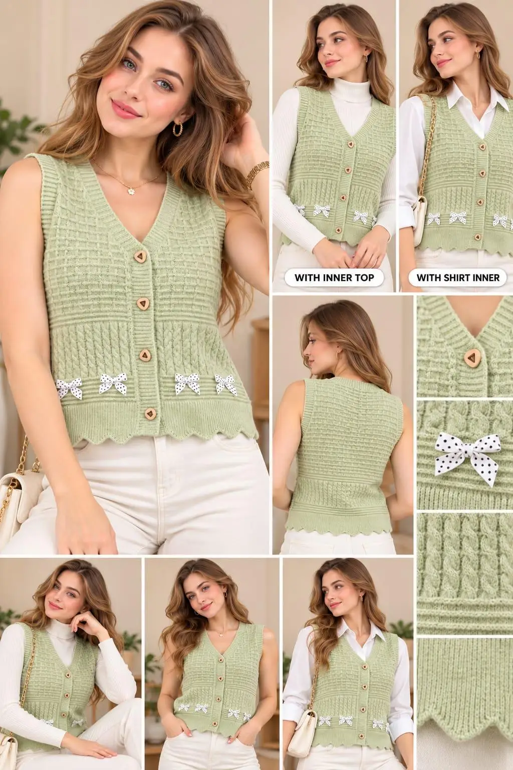 Sage Sorbet Textured Knit Vest with Polka-Dot Bows