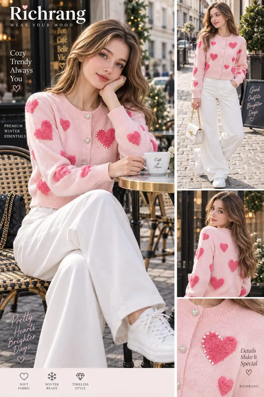 Bubblegum Bouclé Top with Pearl-Bordered Hearts