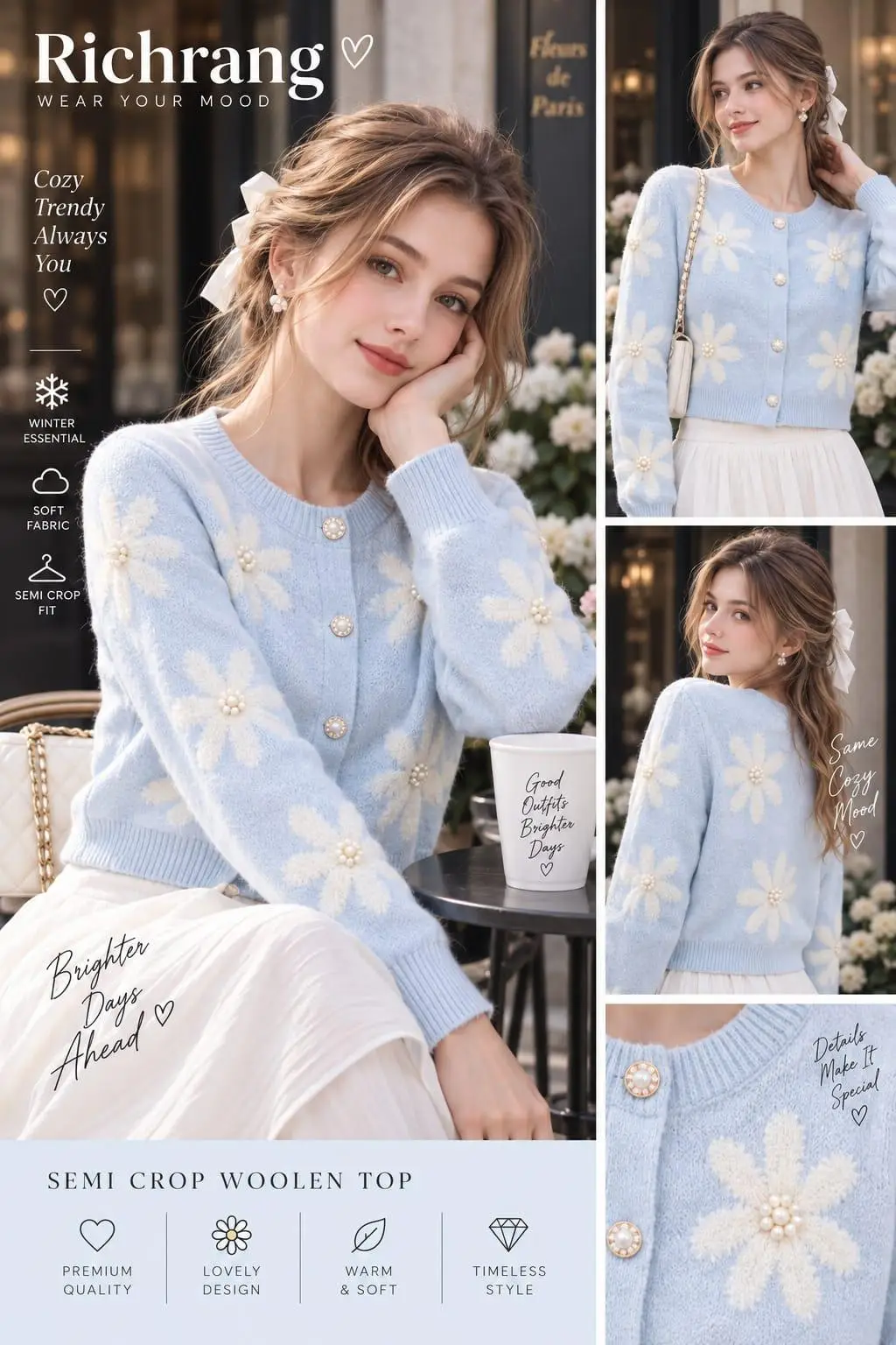 Powder Blue Floral Cardigan with Pearl-Cluster Daisies