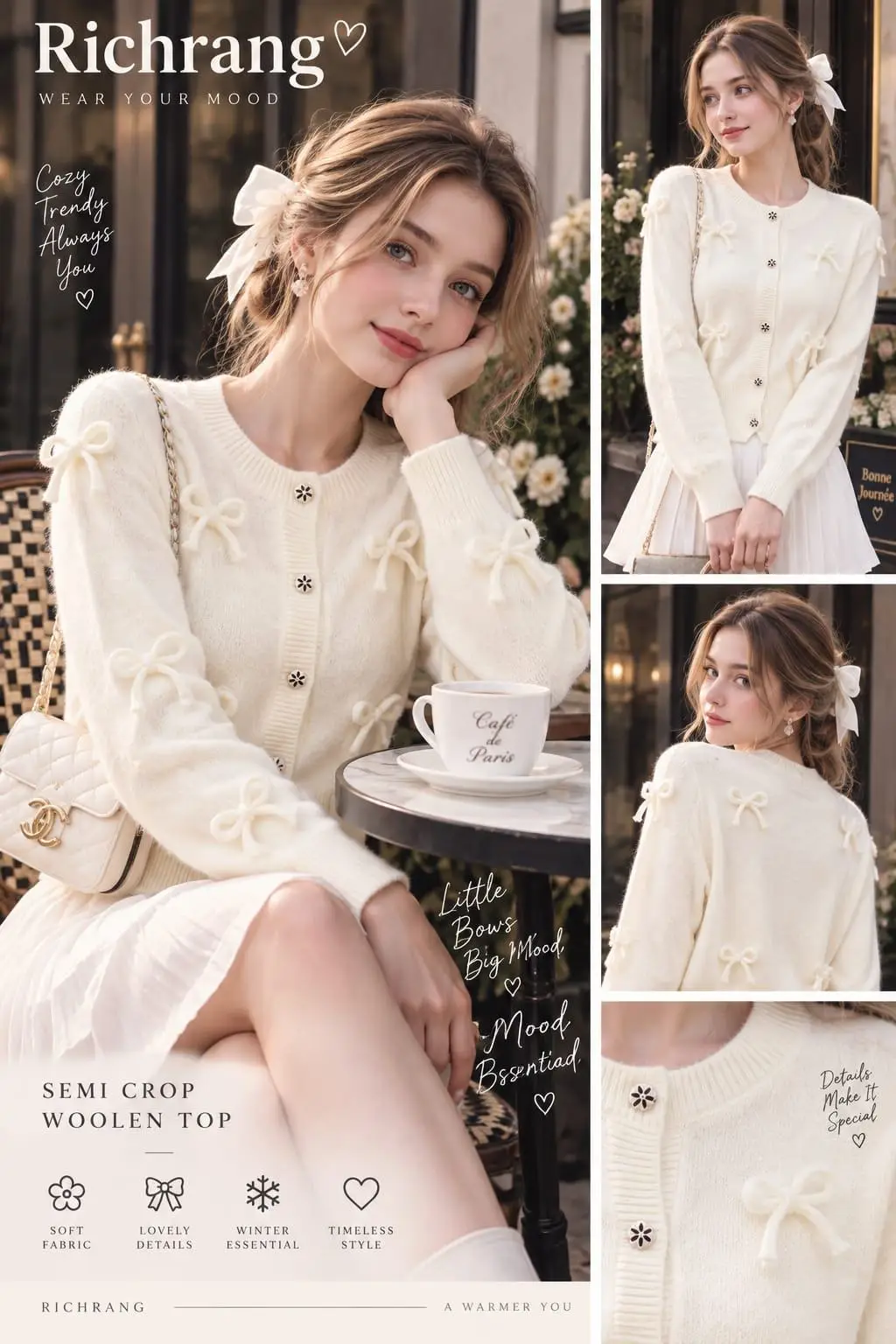 Alabaster Cream Top with Knitted Bow Appliqués