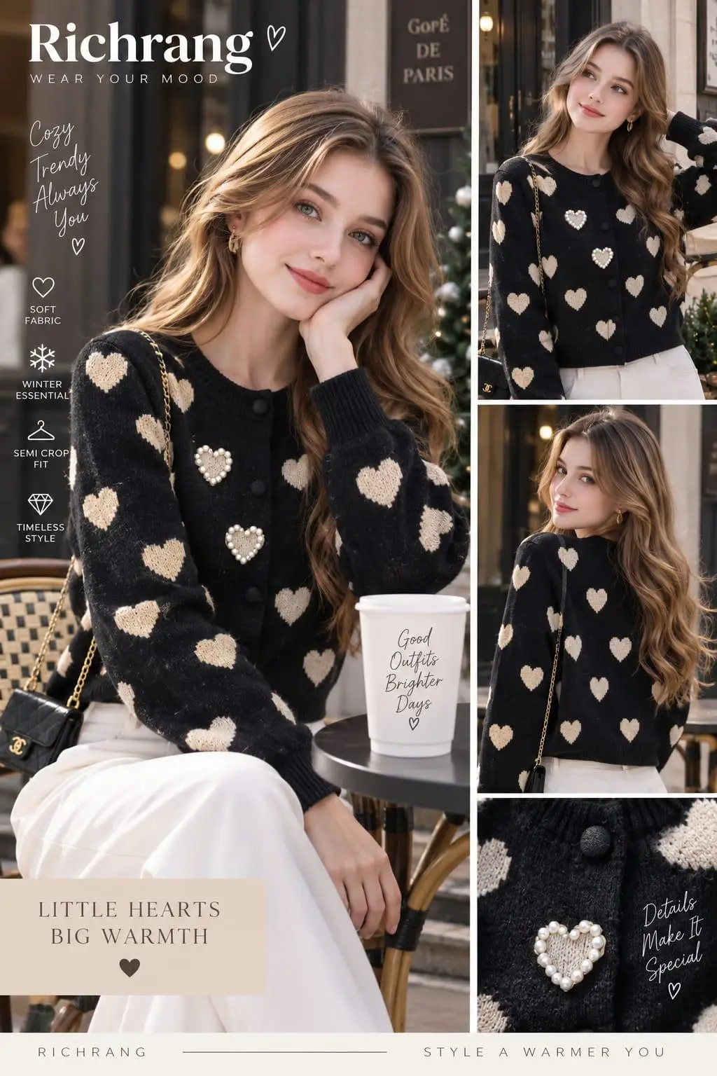 Midnight Onyx Cardigan with Pearl-Bordered Hearts
