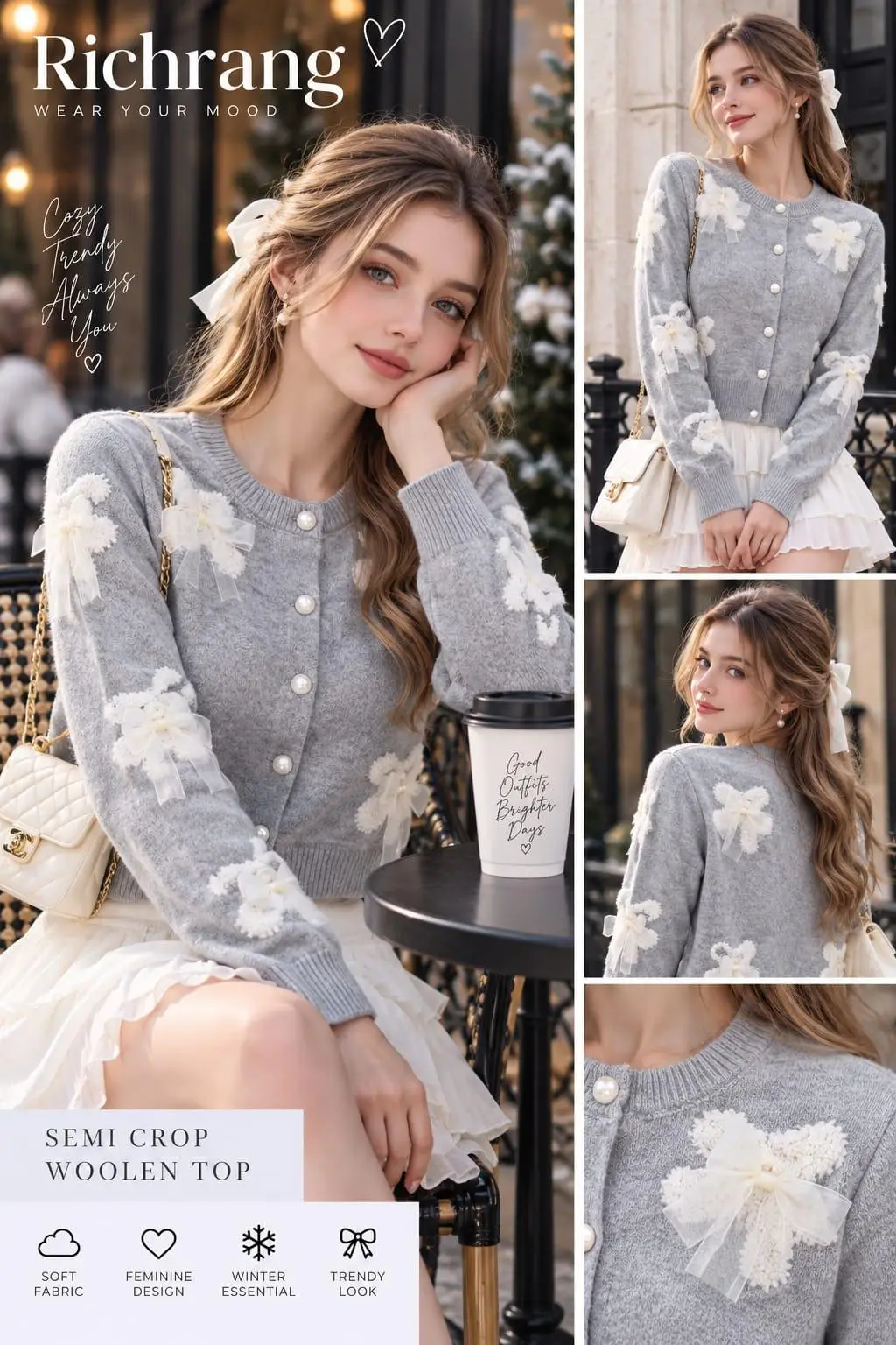 Heather Gray Top with 3D Lace & Tulle Bows